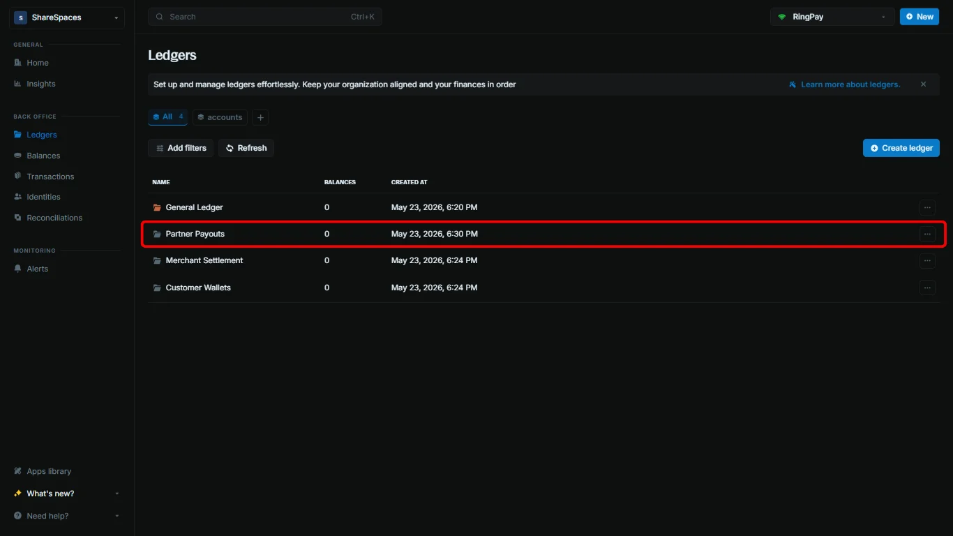 Ledgers table showing a newly created ledger