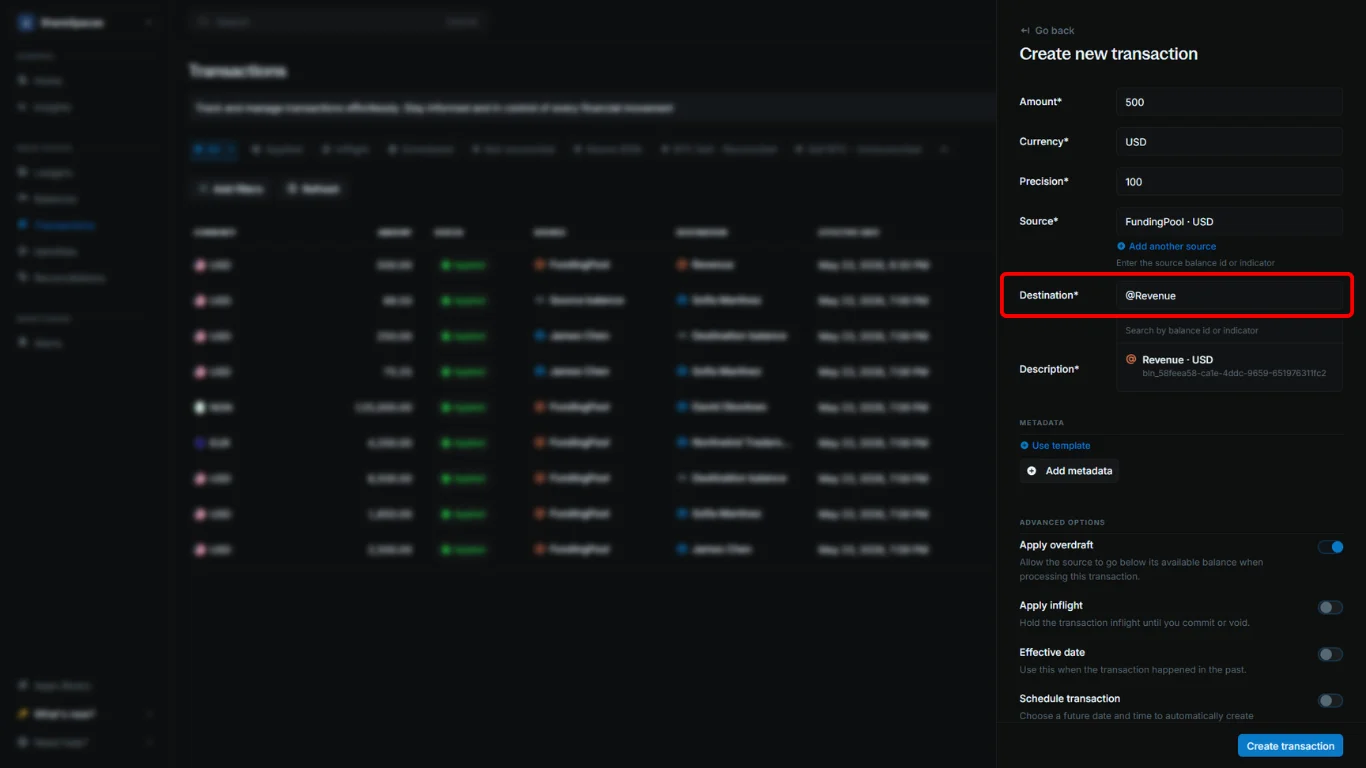 Create transaction form with @Revenue in the Destination field