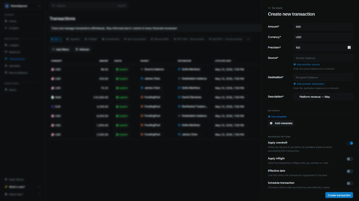 Create transaction form with amount, currency, precision, and description filled in
