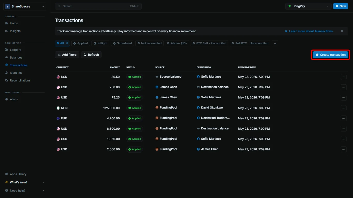 Transactions table with Create transaction control open