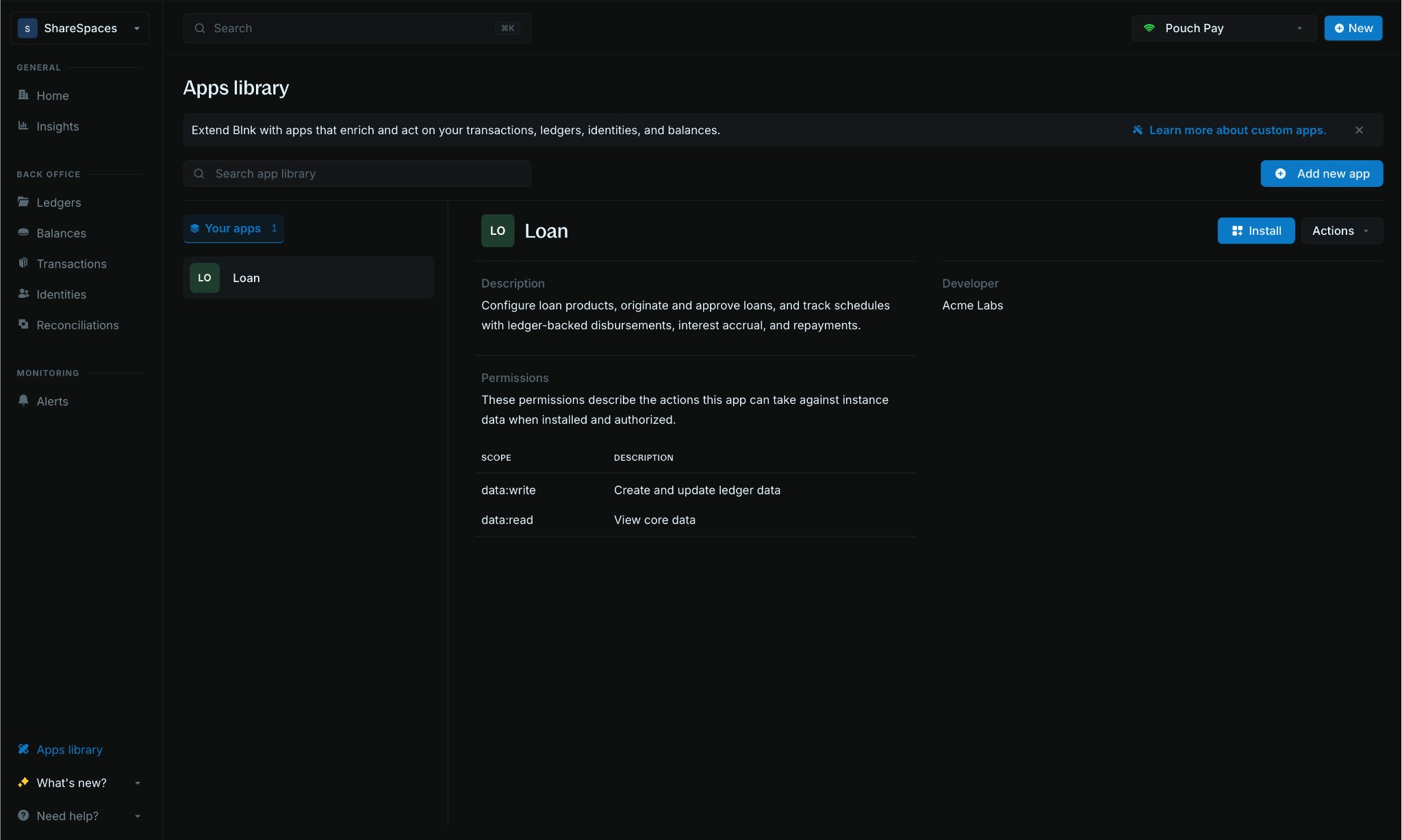 Apps library listing available Custom Apps