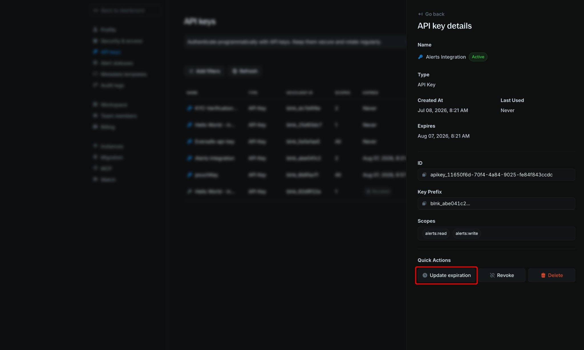 API key details view with expiration date controls