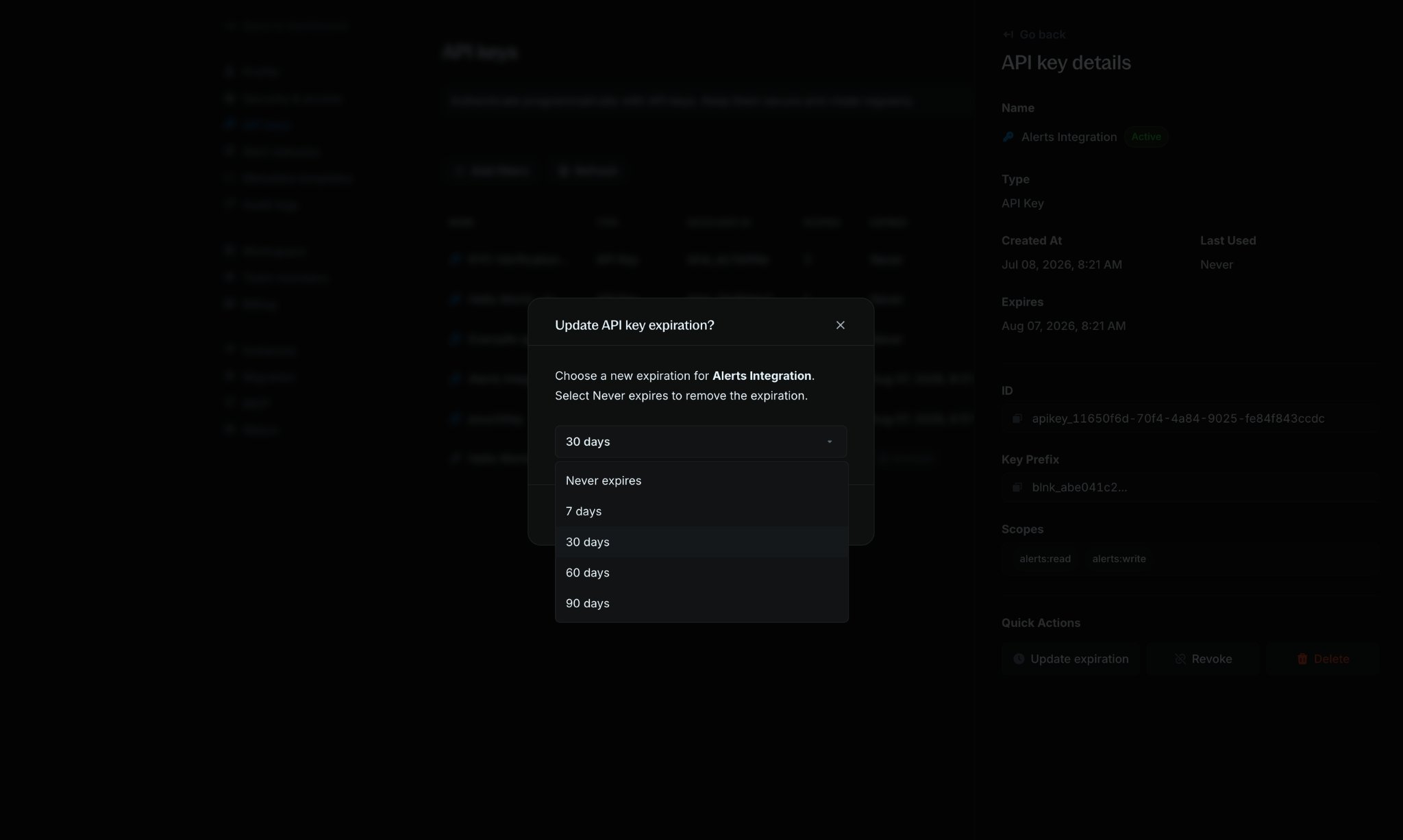 Update API key expiration modal with expiration options