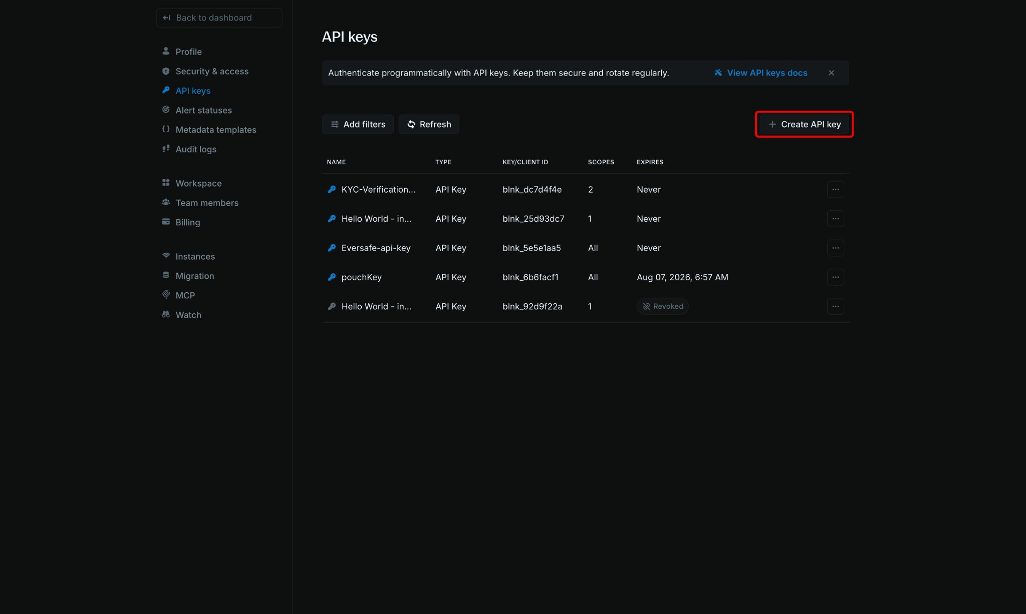 API keys page with the Create API key button highlighted