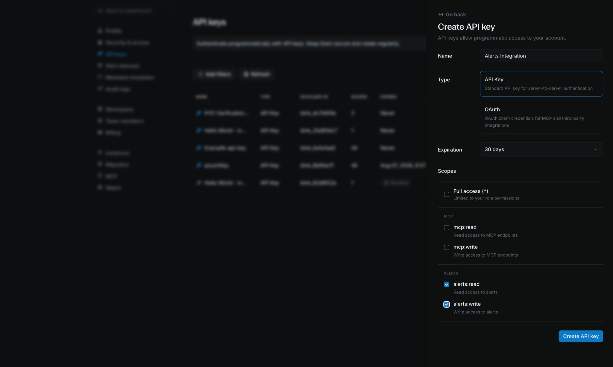 Create API key panel with name, type, expiration, and scopes
