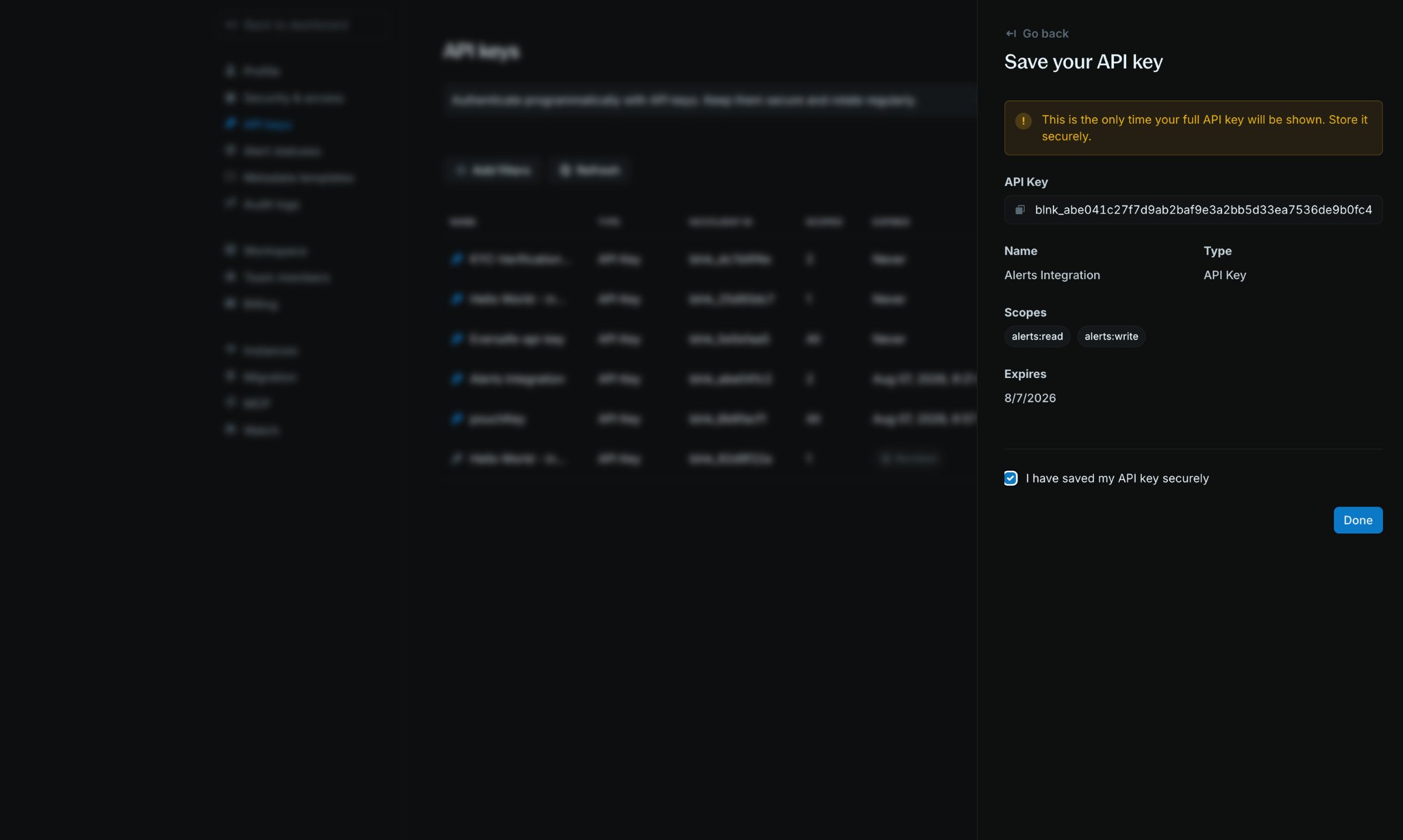 Save your API key panel showing the full key and expiration details