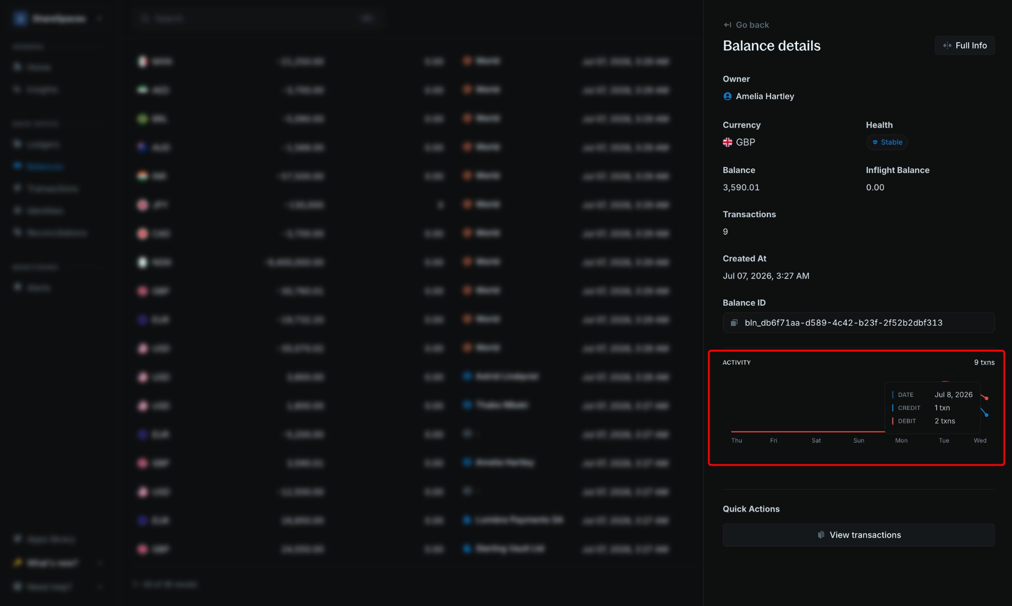 Balance side modal showing the last 7 days of activity