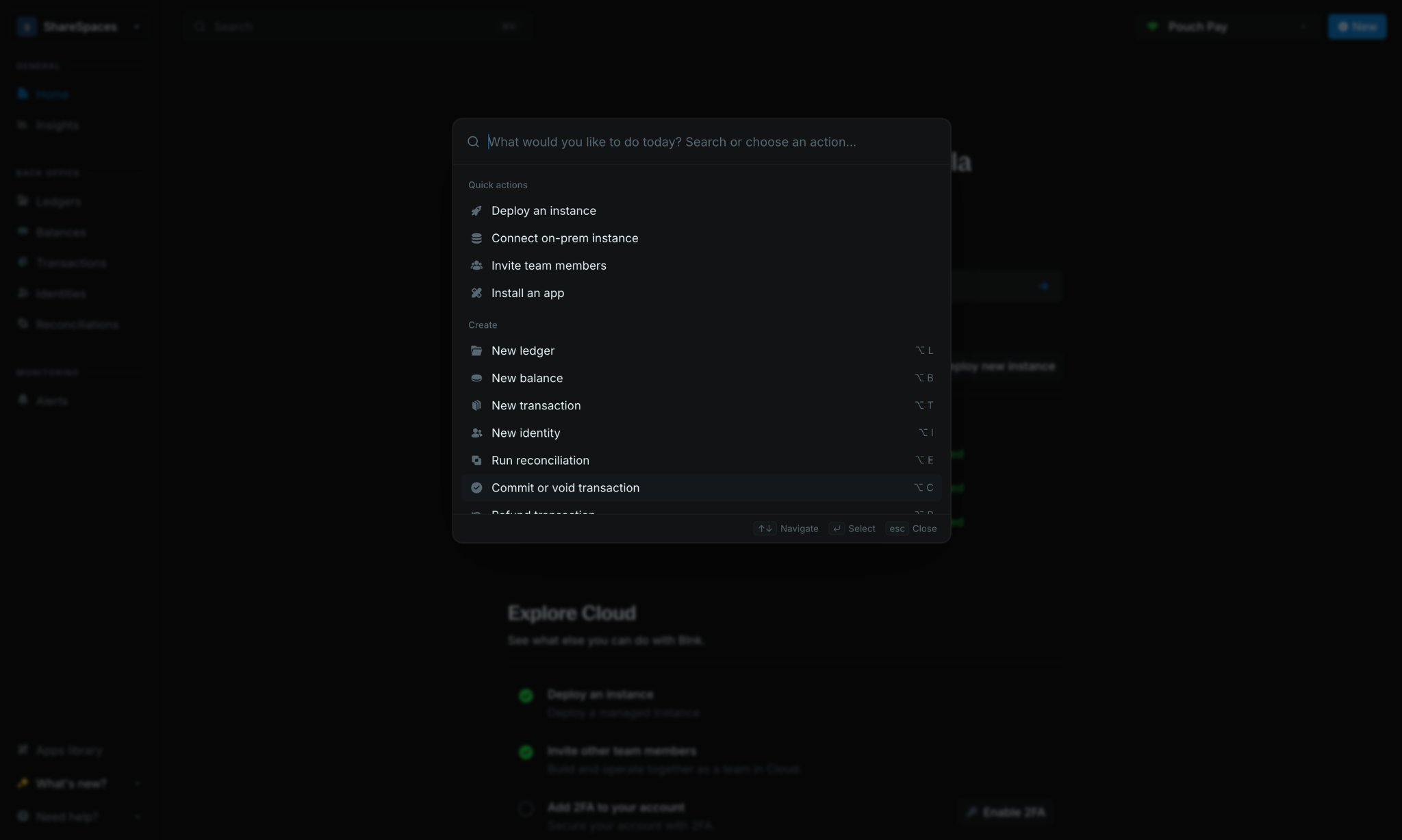 Command palette open in Blnk Cloud