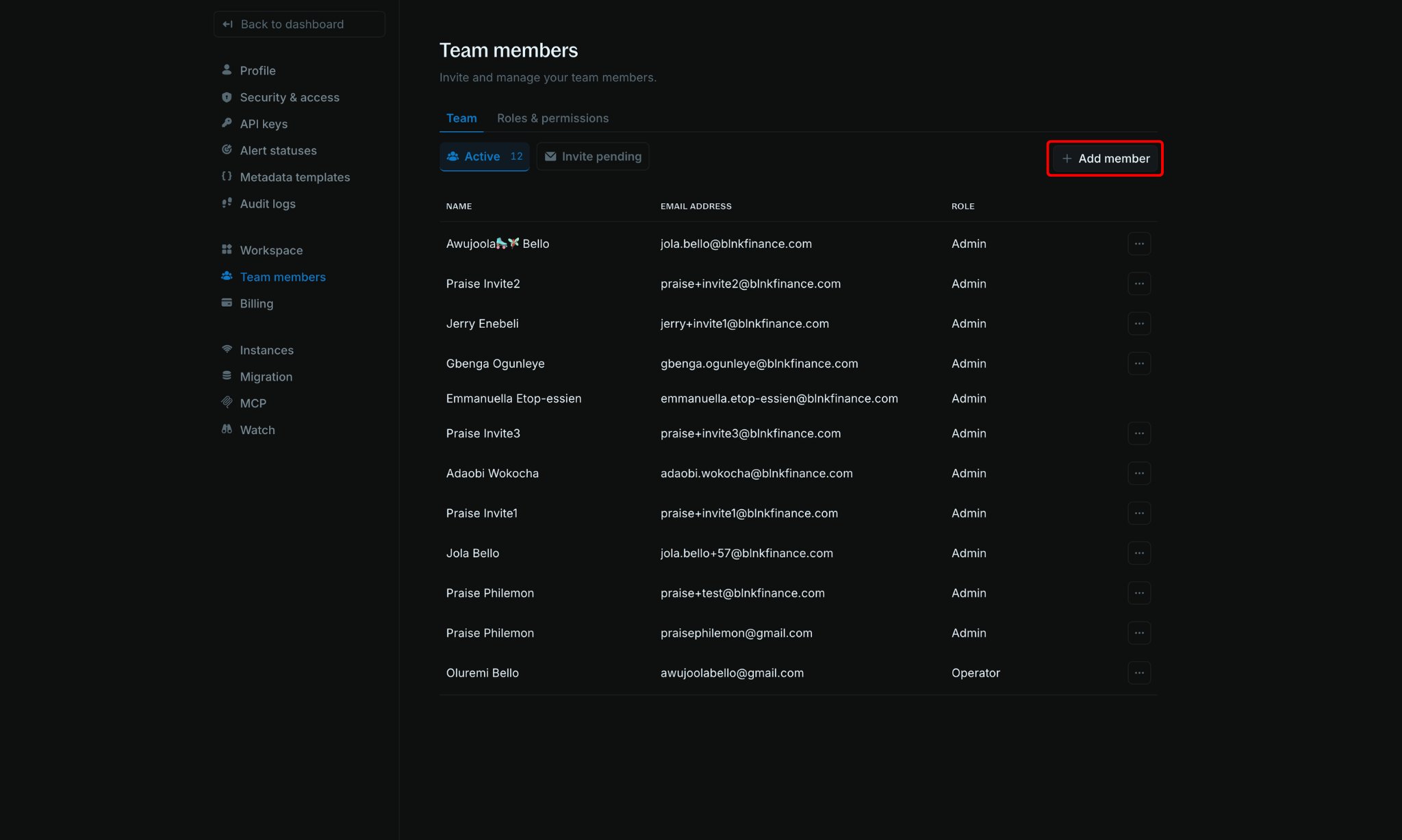 Team members page with the Add member button highlighted