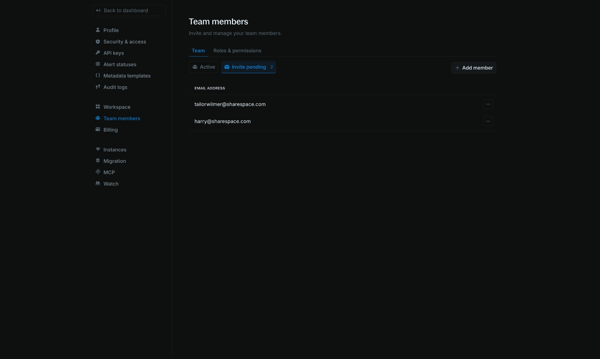 Invite pending tab showing email addresses awaiting acceptance