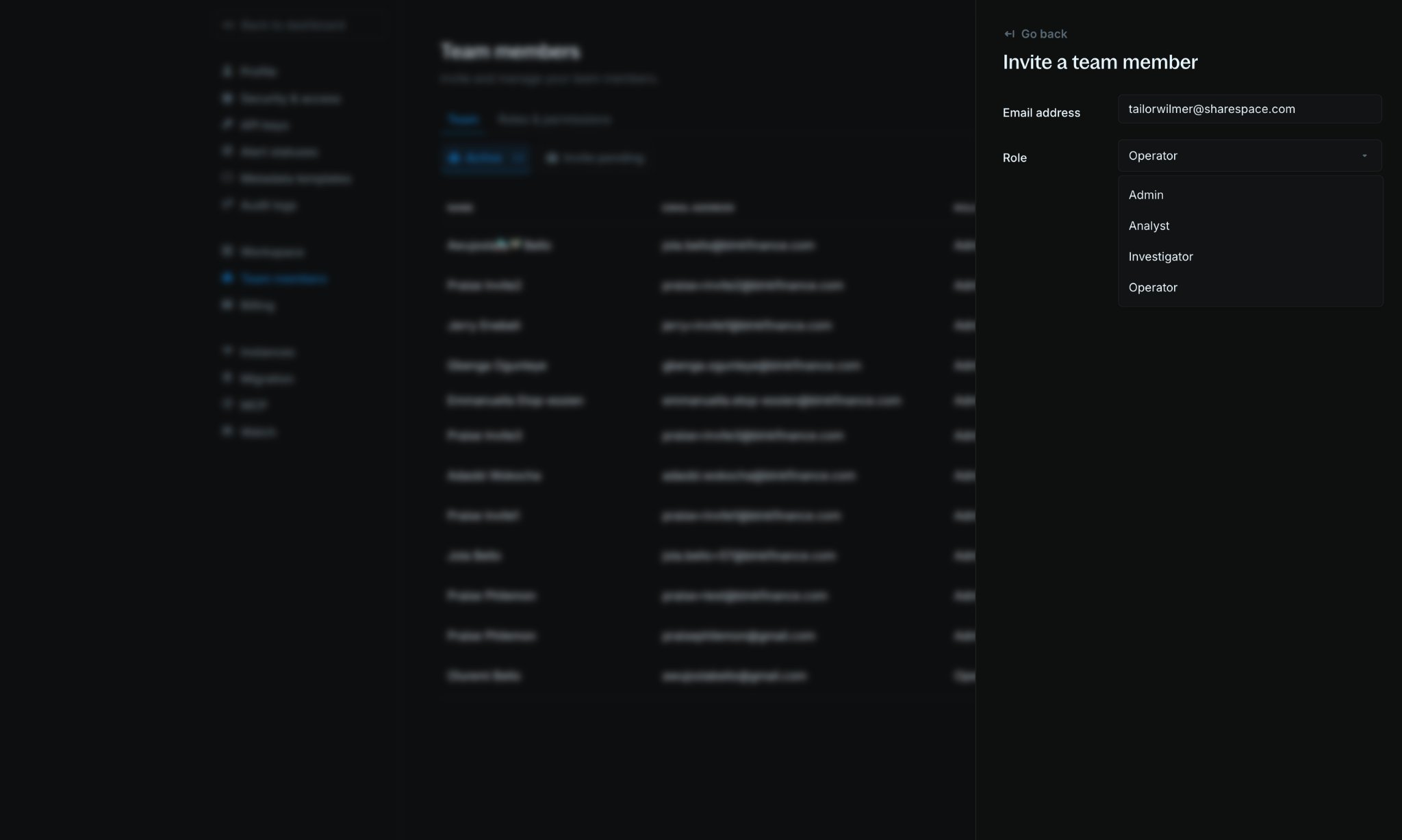 Role dropdown showing Admin, Operator, Investigator, and Analyst options