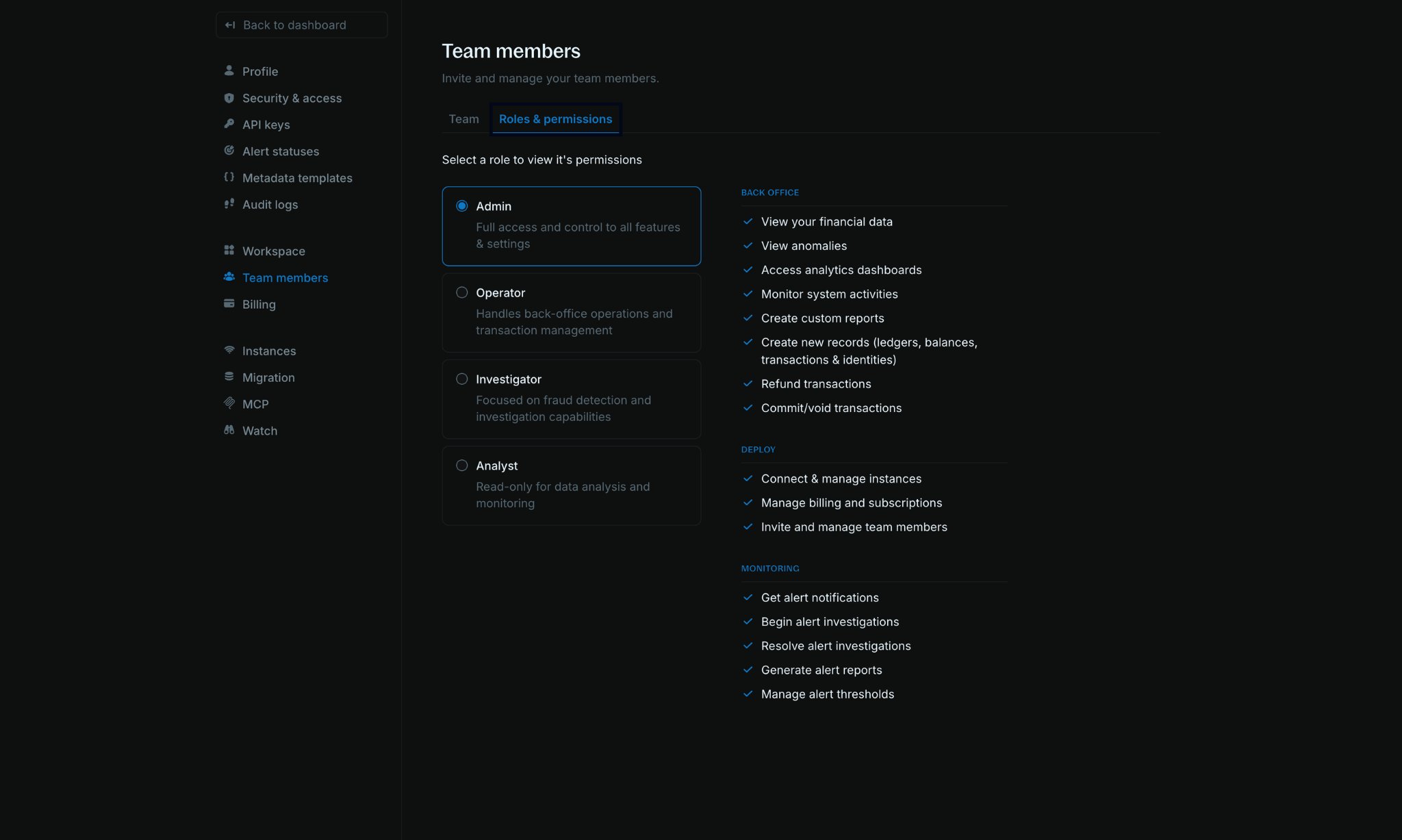Roles and permissions tab showing Admin, Operator, Investigator, and Analyst with their permissions