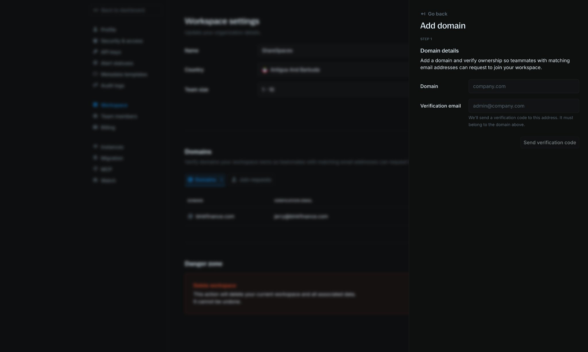 Add domain side panel with Domain and Verification email fields