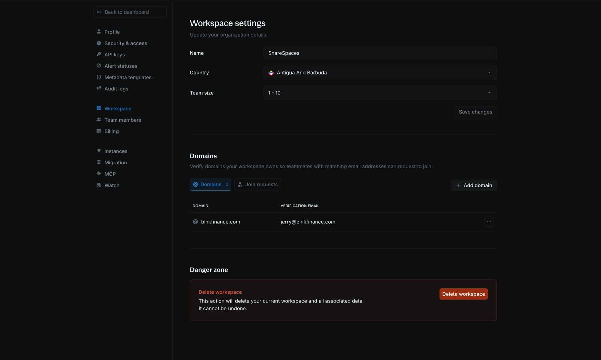 Workspace settings Domains section showing verified domains and Join requests tabs