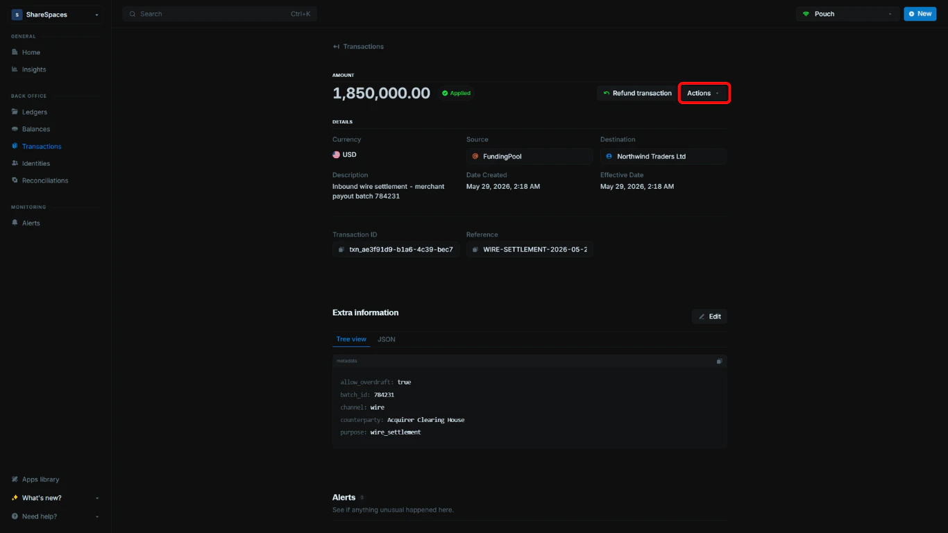 Transaction details page with Actions button visible