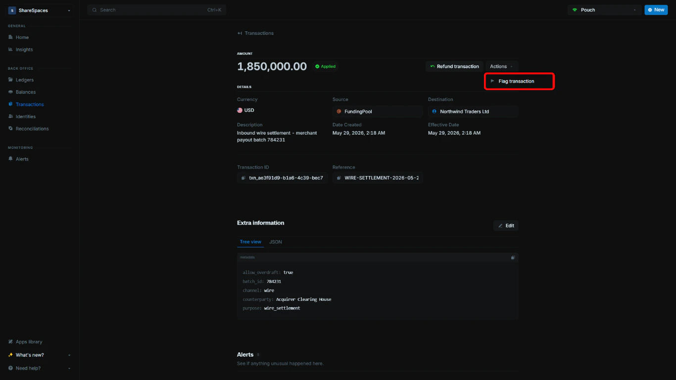 Actions dropdown showing Flag transaction option