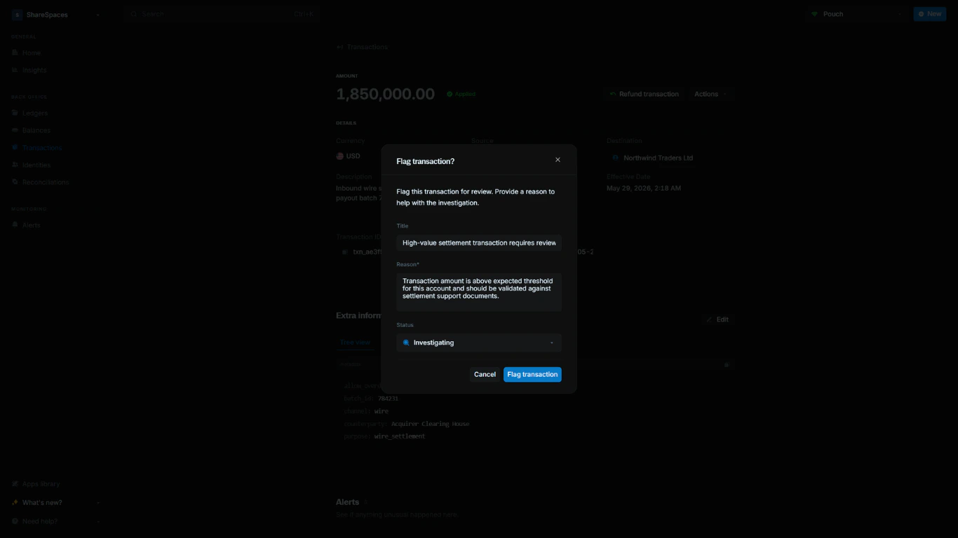 Flag transaction modal with title, reason, and status fields
