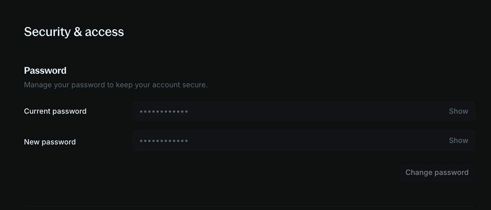 Change Password form with current and new password fields