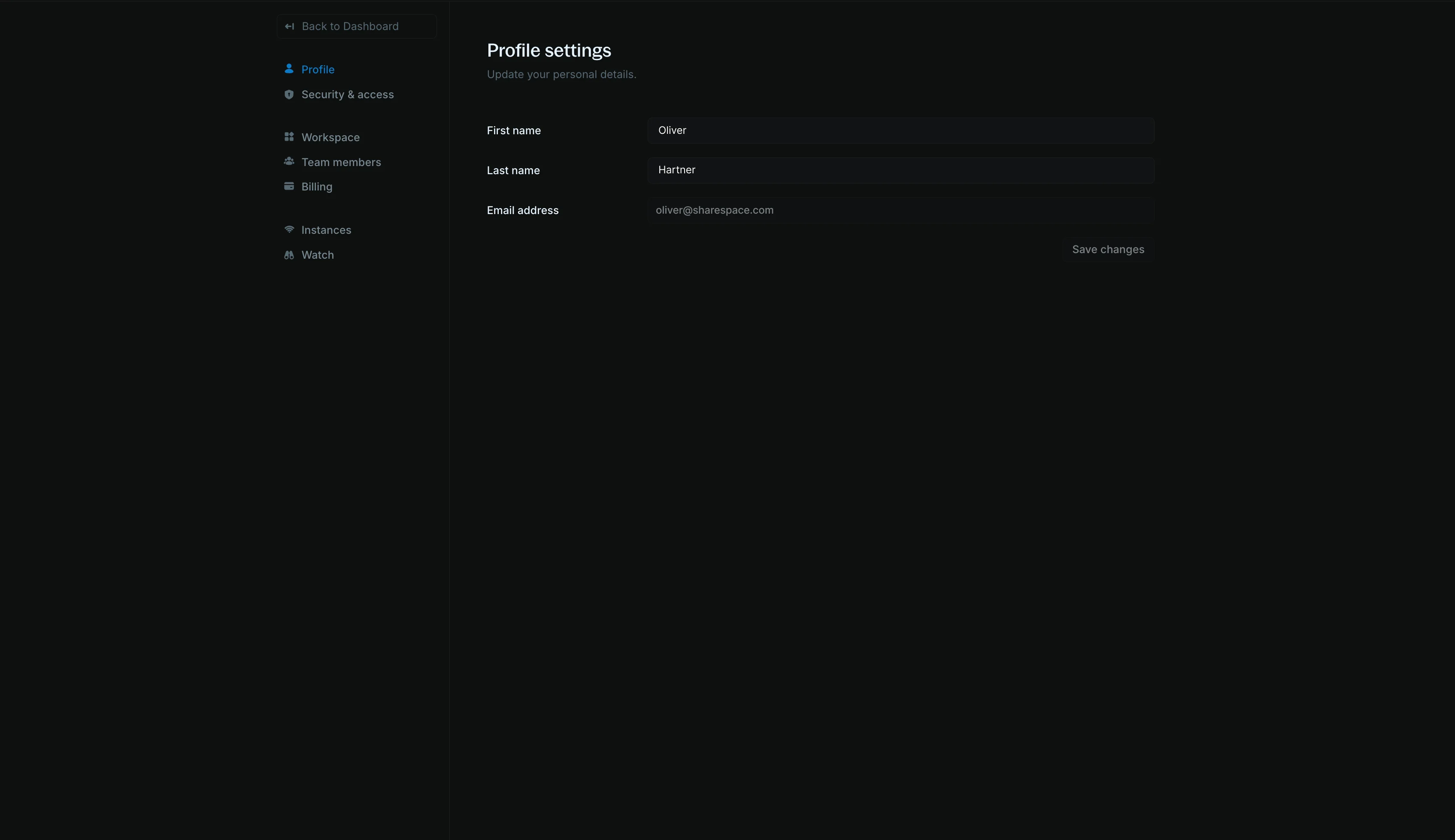Profile settings page showing user account management interface