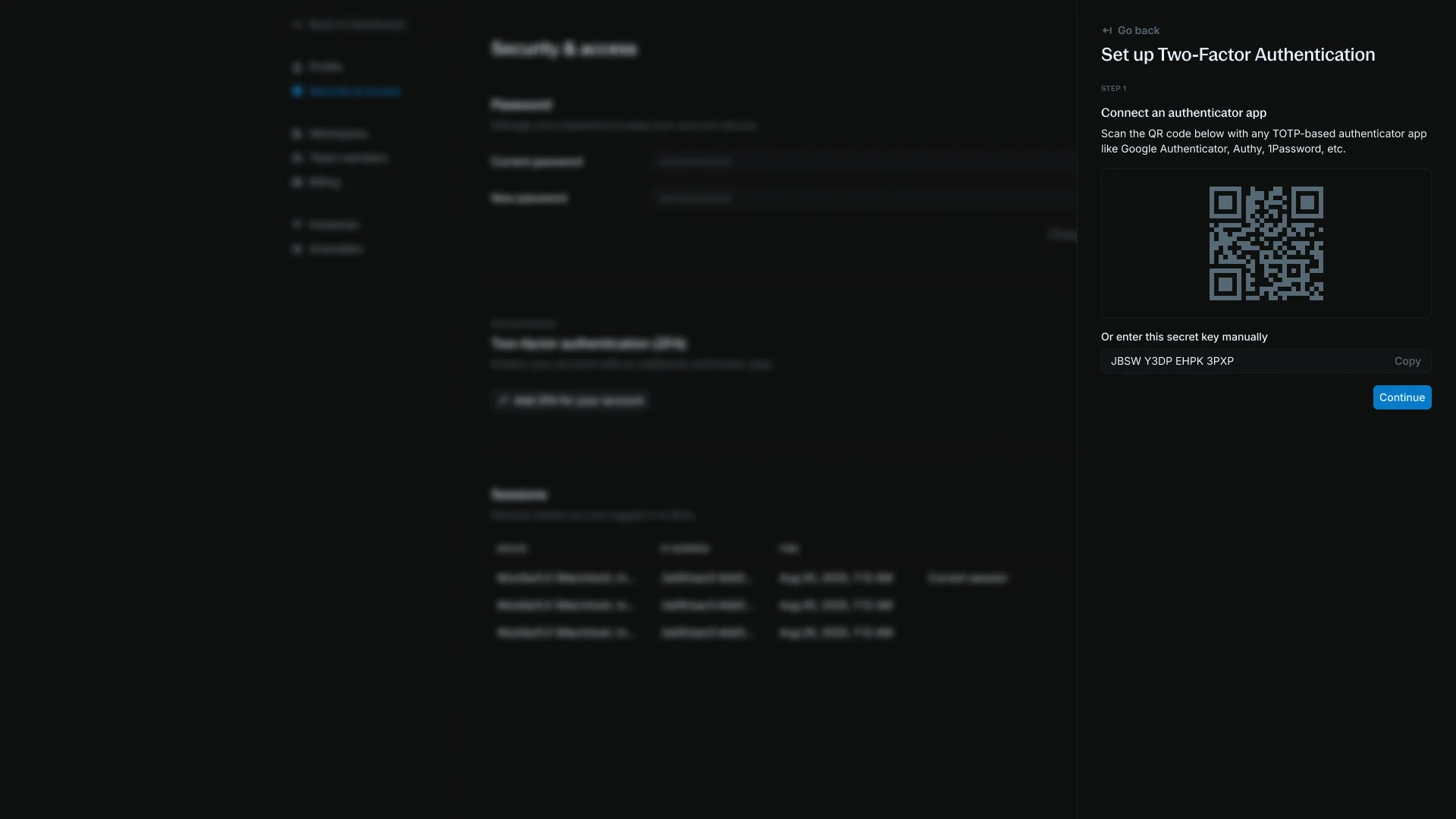 Two-factor authentication setup process with authenticator app instructions