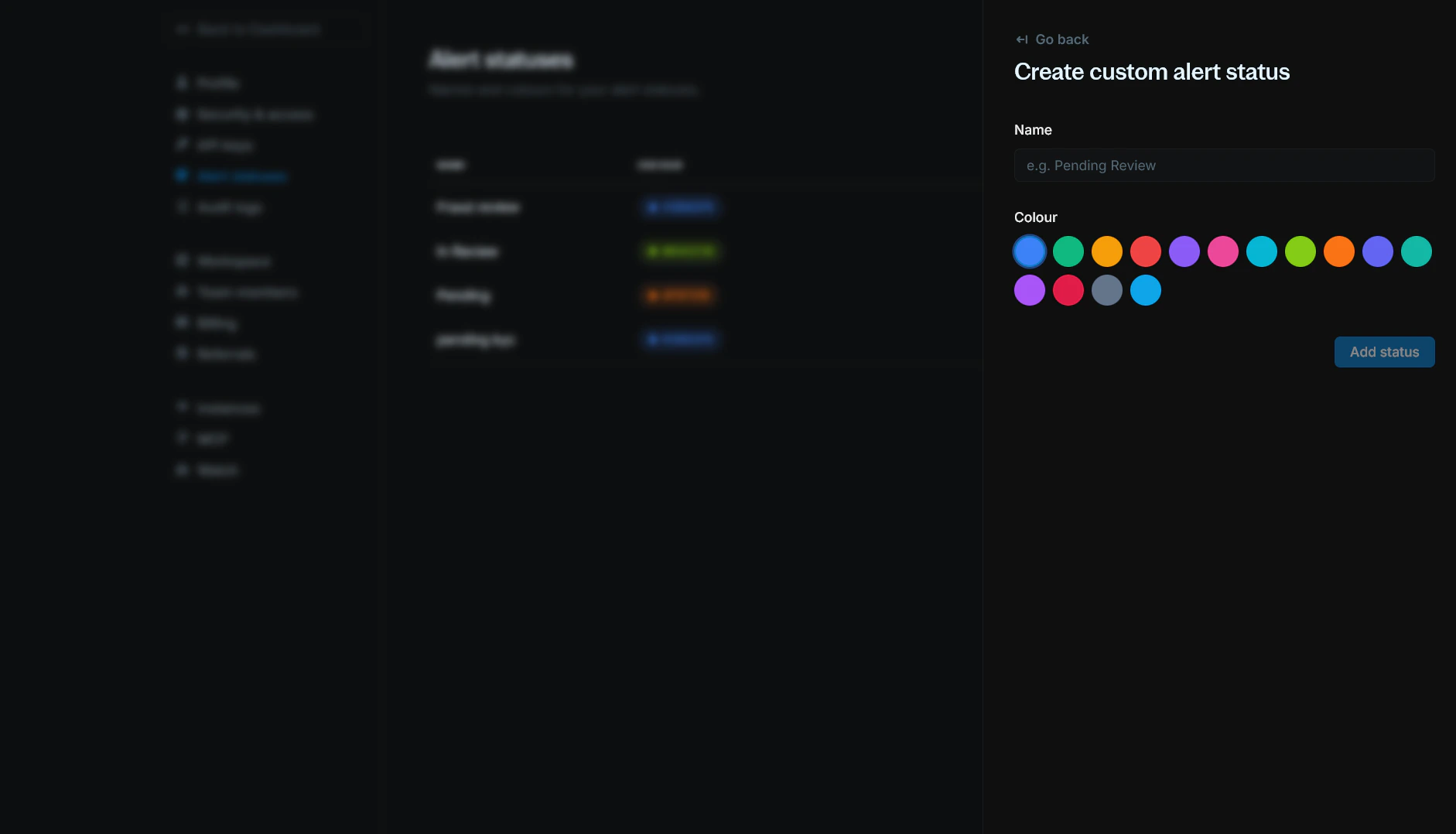 Add alert status form with name and colour fields