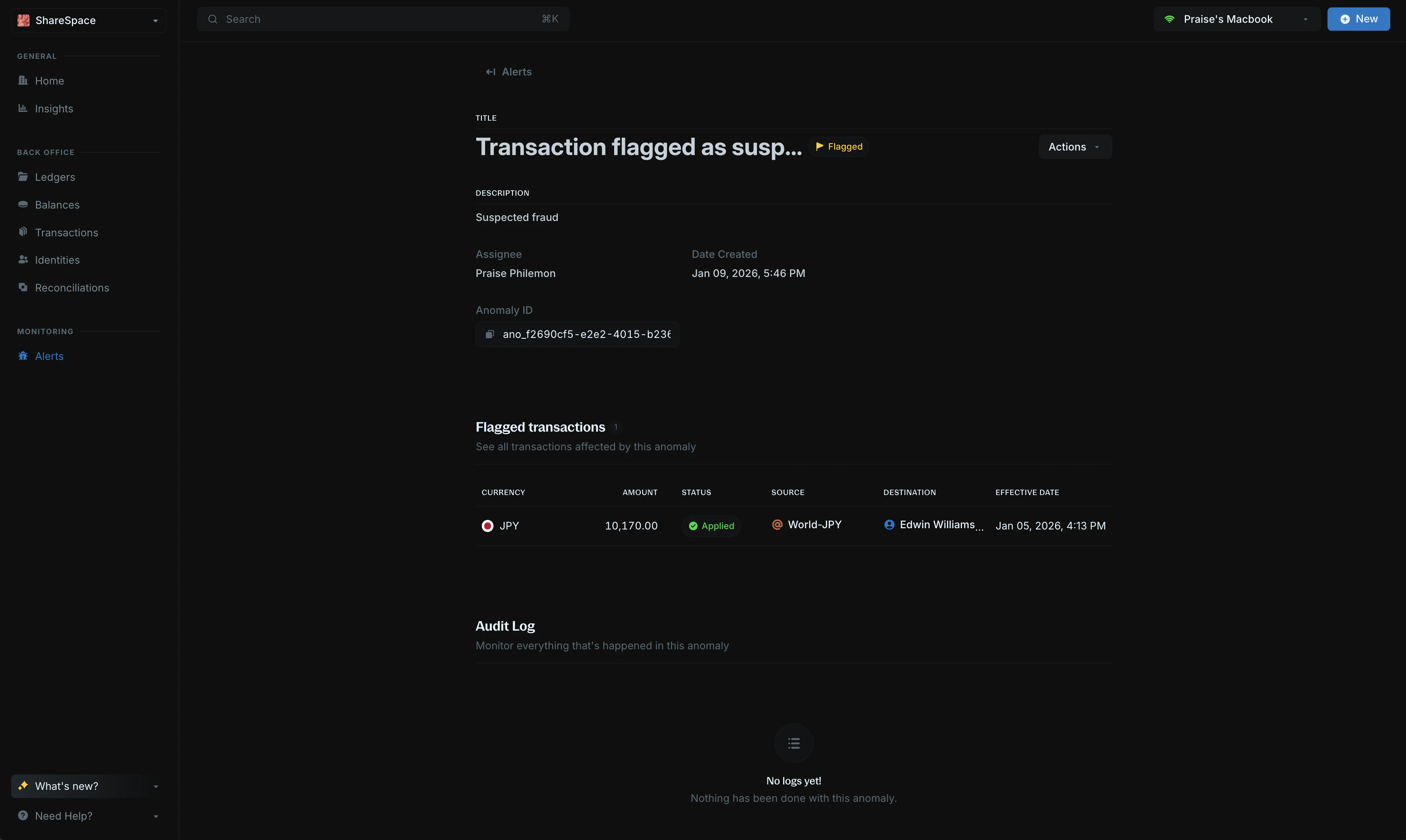 Alert full details page showing flagged records and audit log