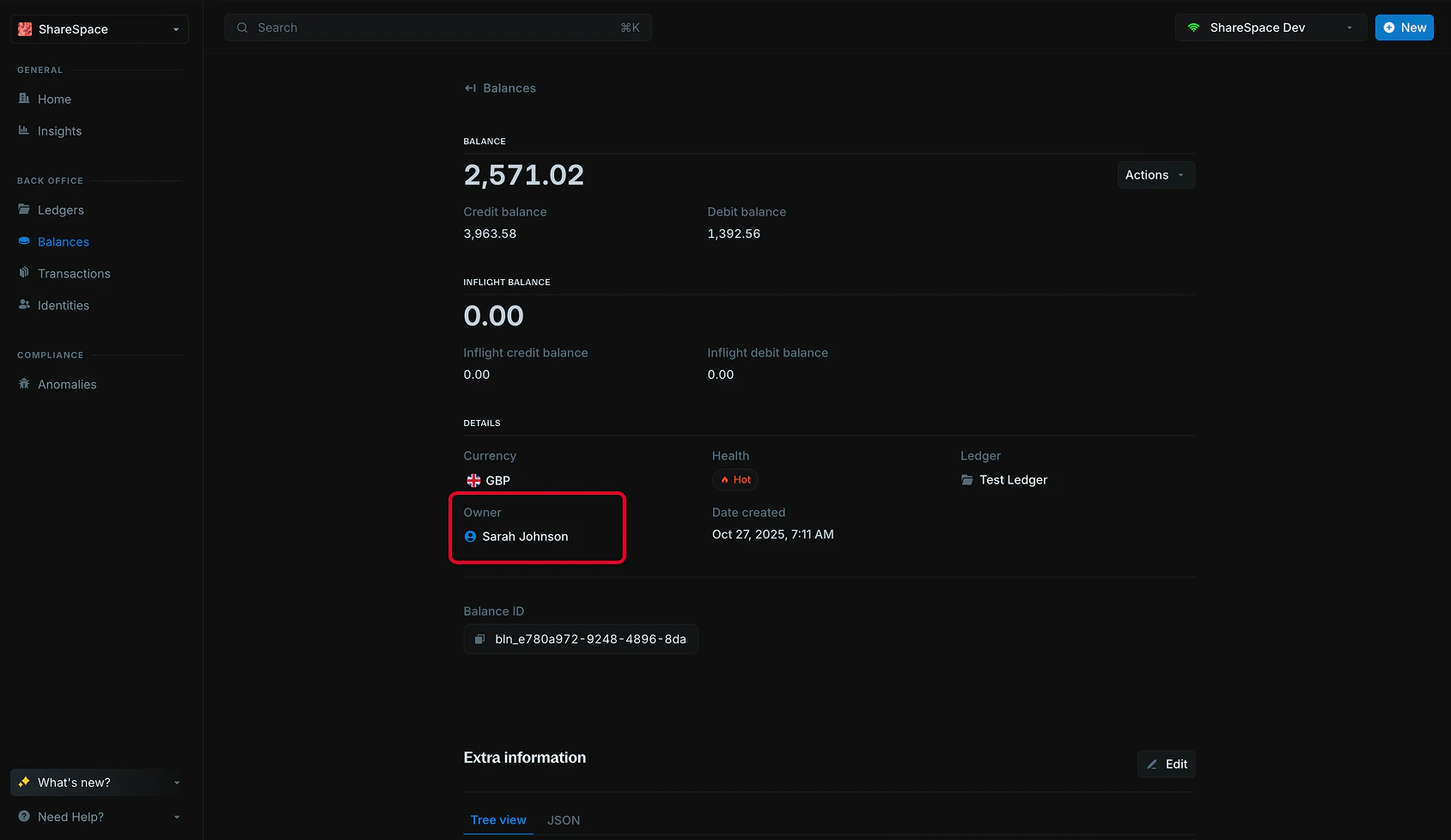 Overview of balance with linked identity information
