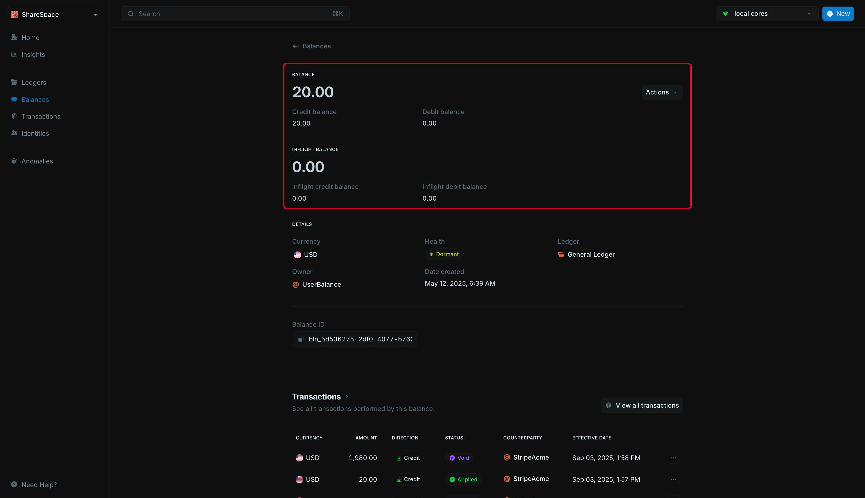 Balance details summary view