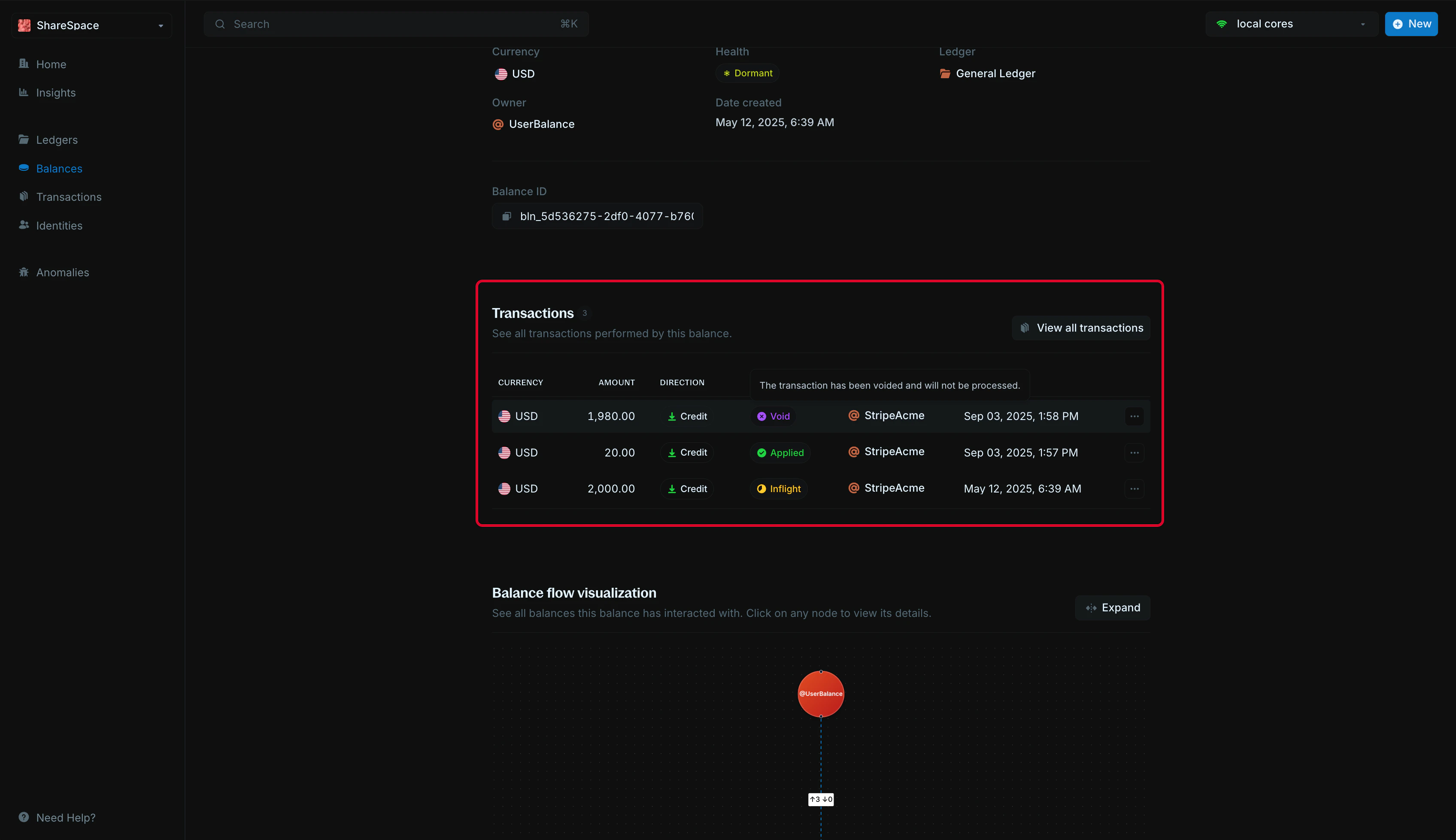 Transaction section showing last 10 transactions