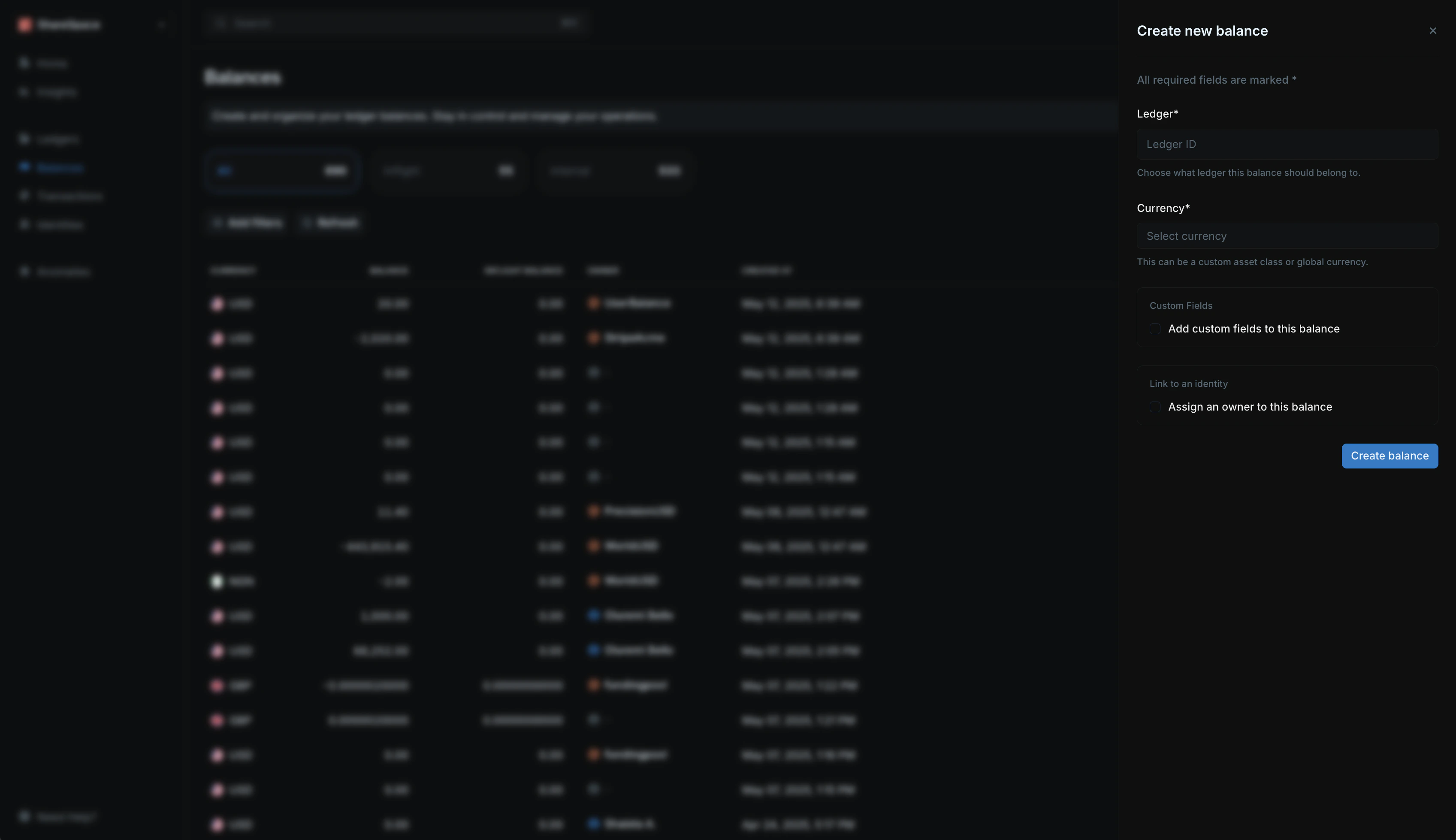 Create balance form with ledger selection and currency