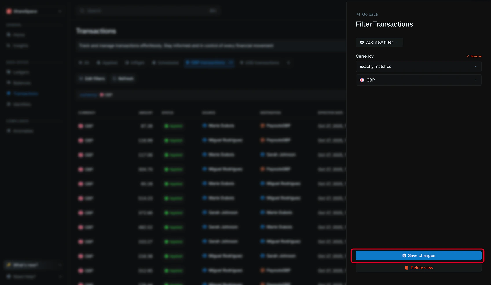 Edit view modal showing options to modify filters and view details