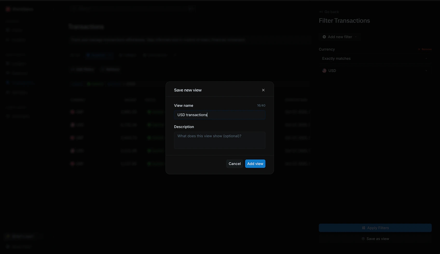 Save as view modal showing name and description fields