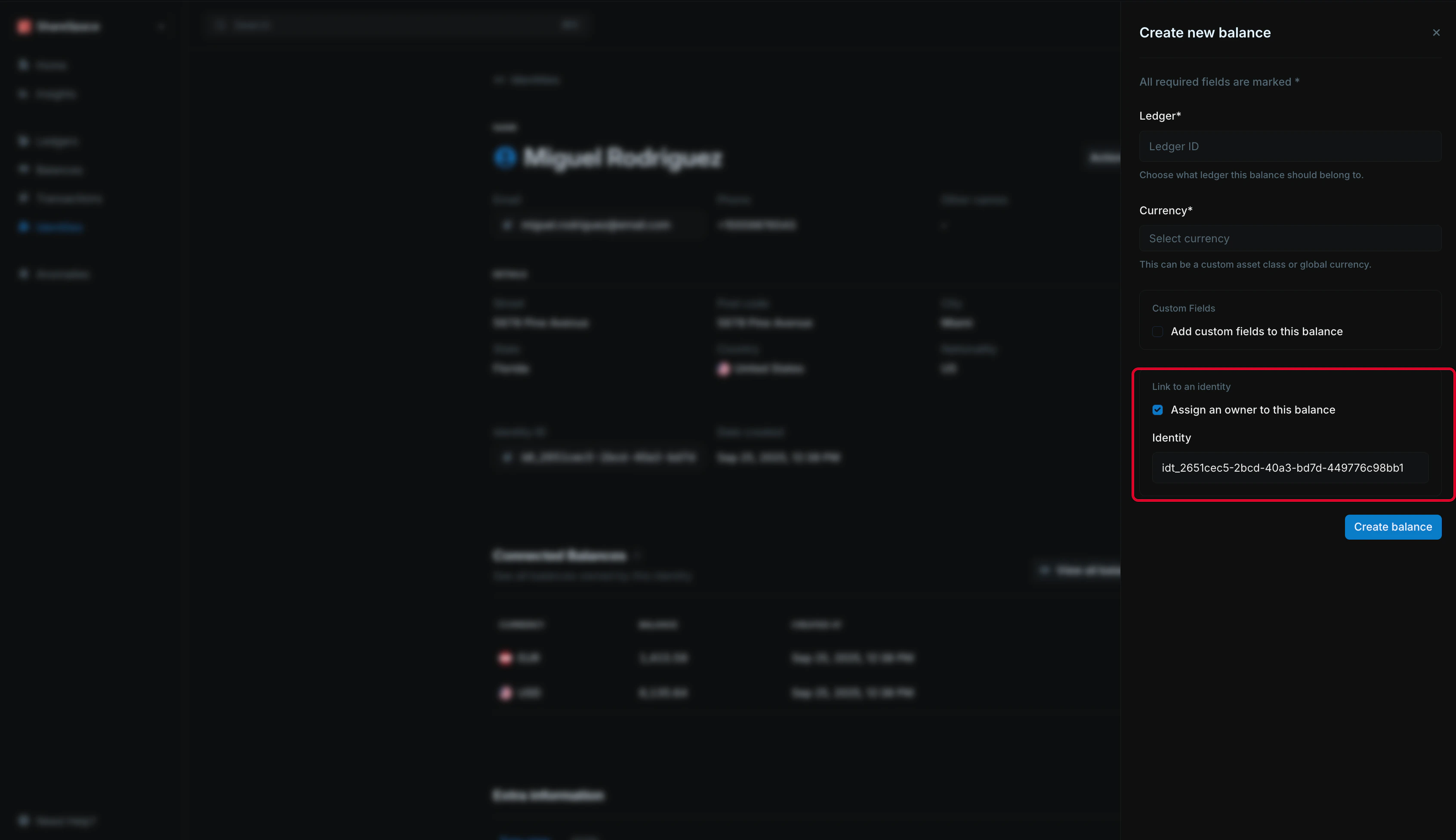 Create balance form with prefilled identity ID