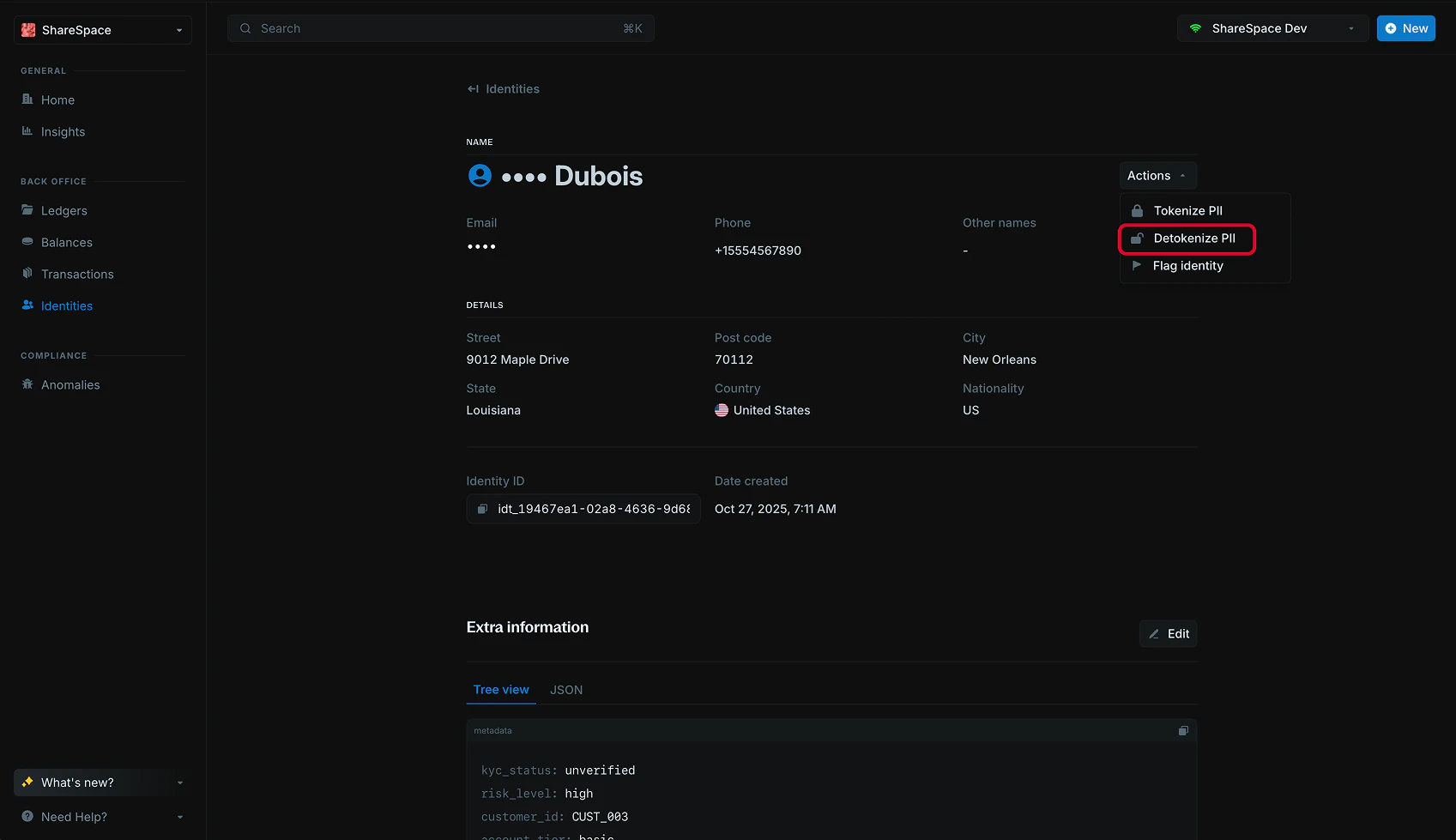 Detokenize actions dropdown menu in the identity details page