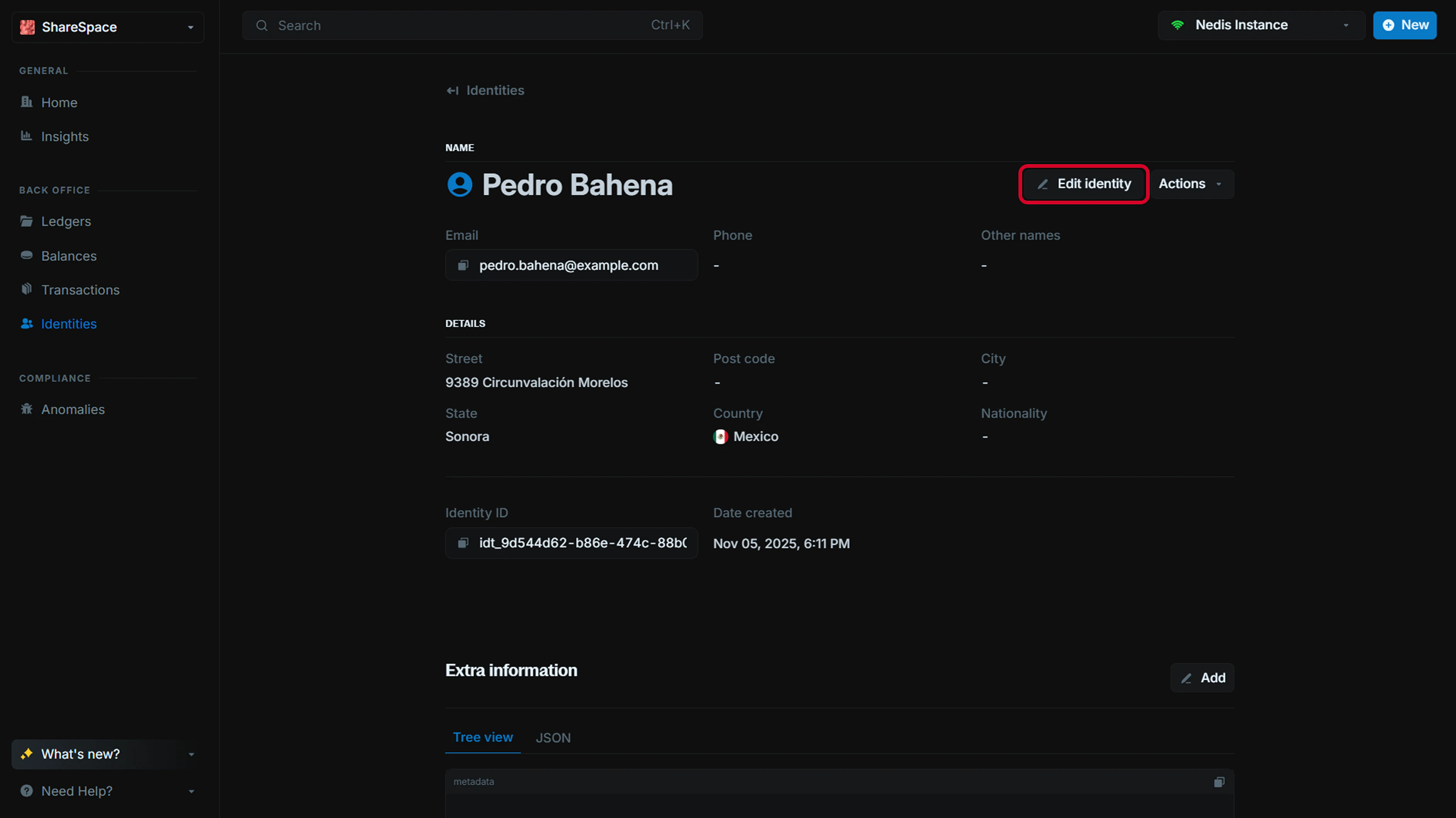 Edit identity button highlighted on the identity details page
