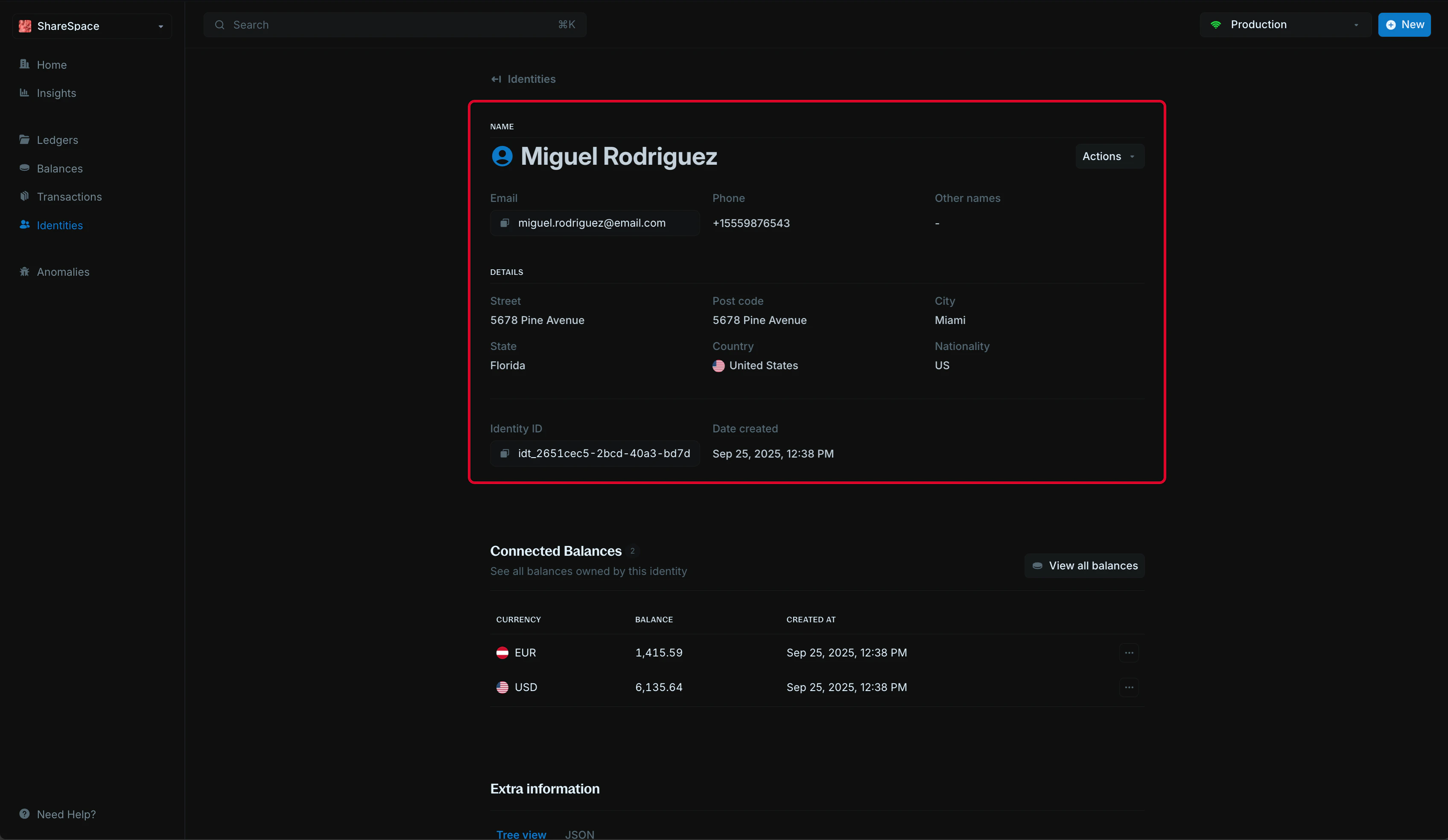Identity summary section with all details