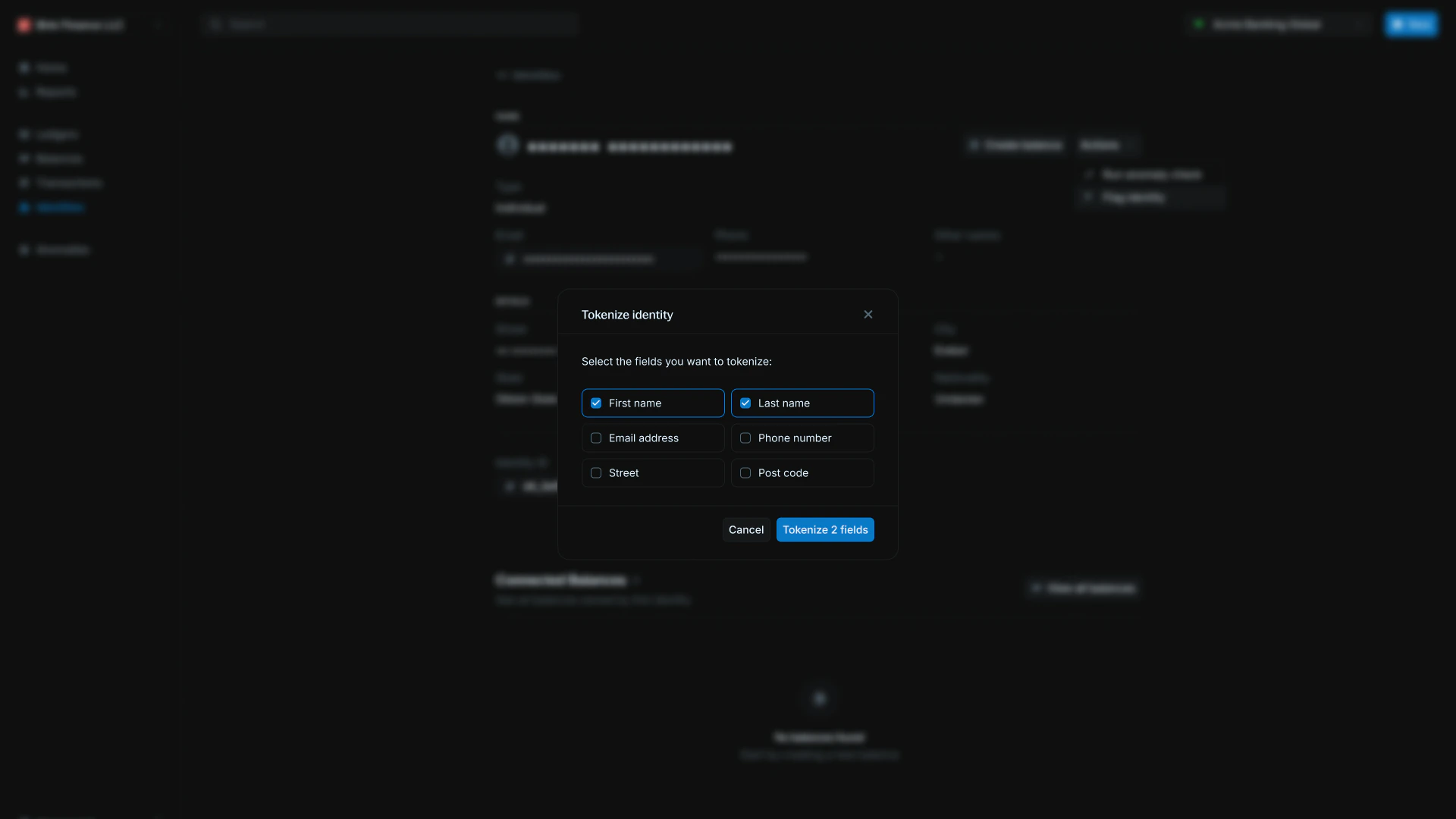 Tokenize modal showing field selection options for PII tokenization