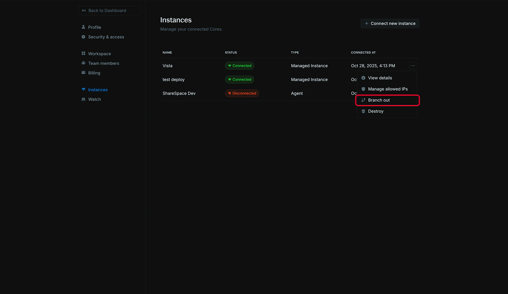 Instance actions menu showing Branch out option