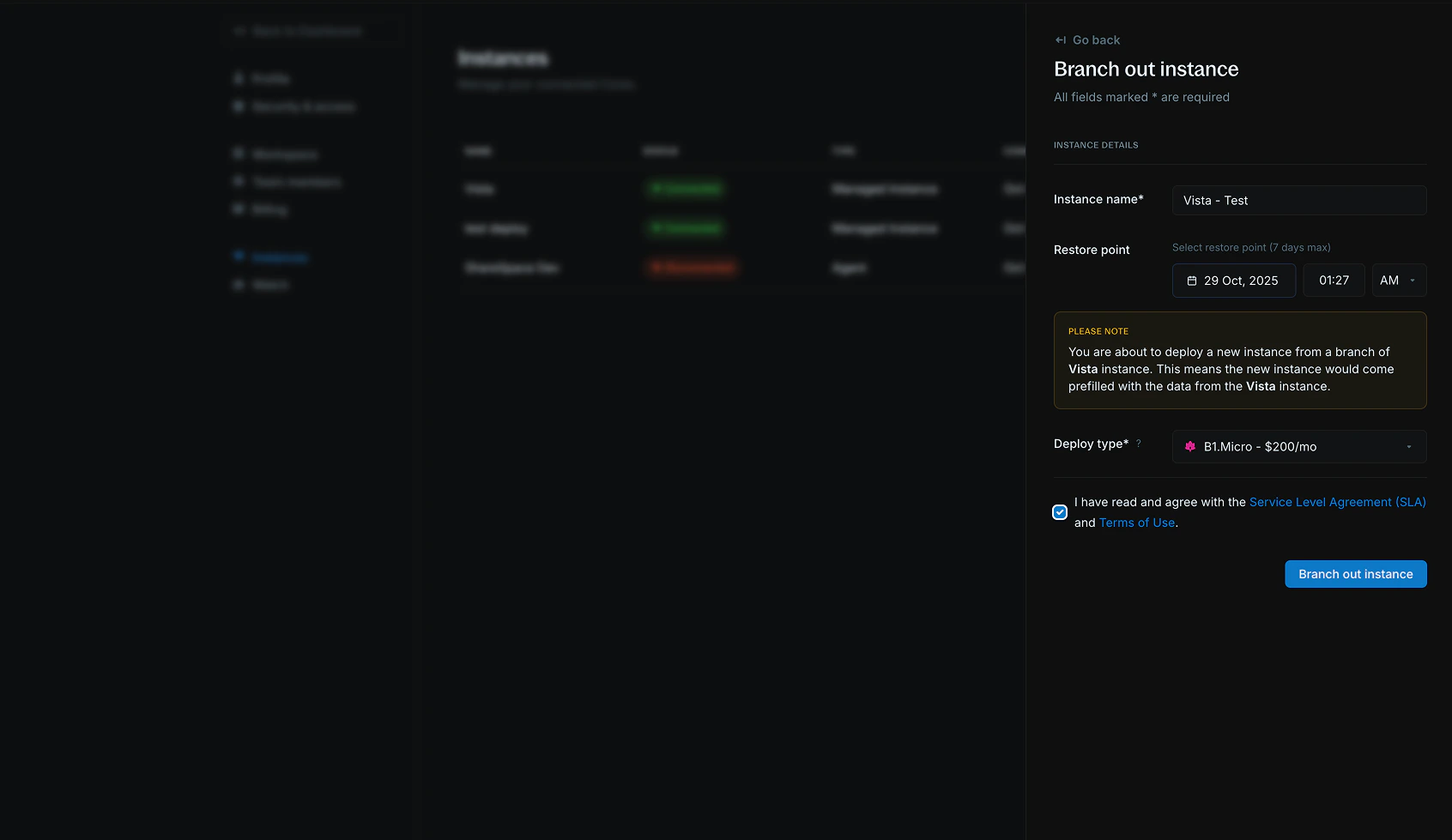 Branch out form with instance name and restore point fields