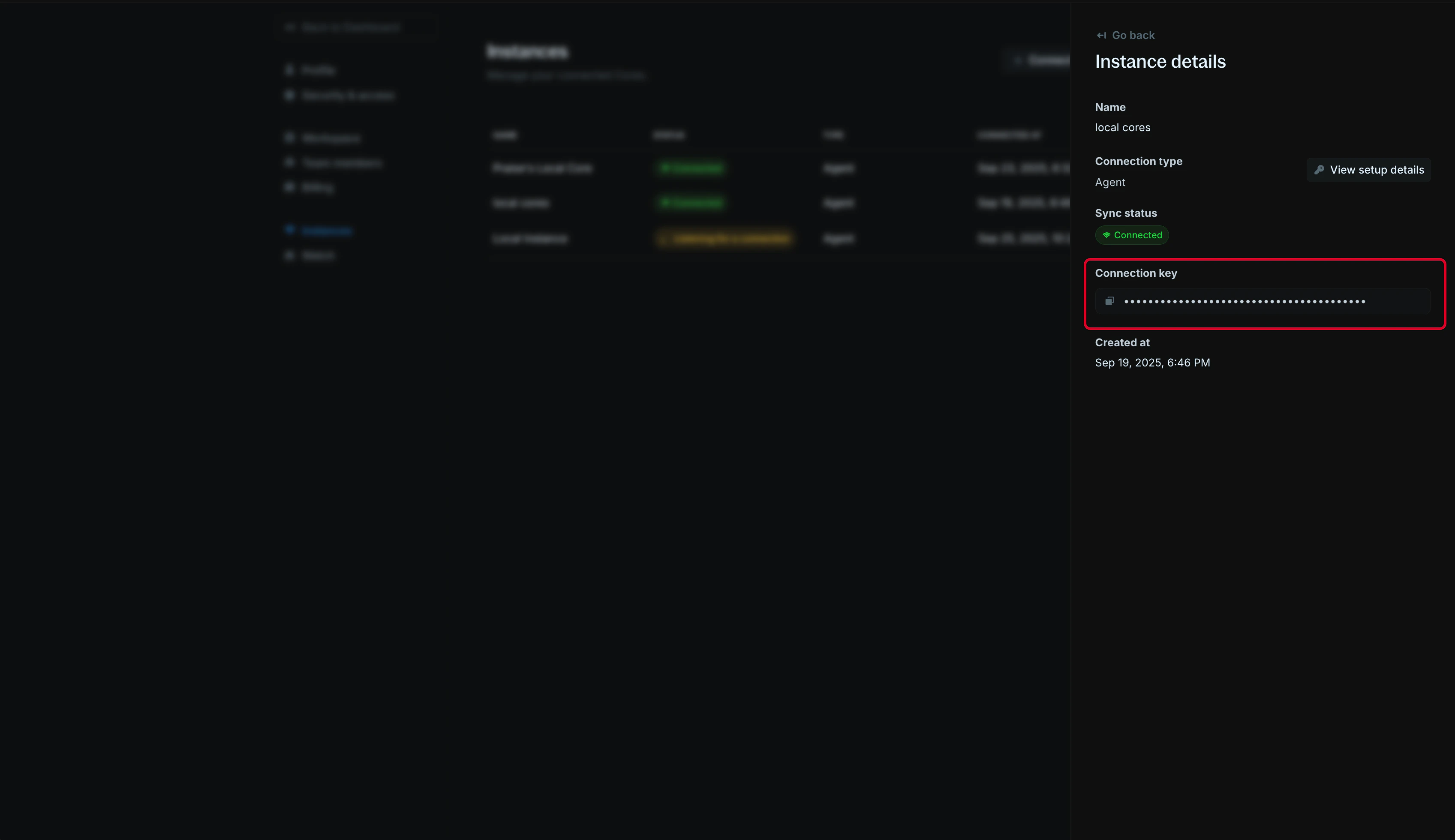 Instance details page showing where to find the connection key