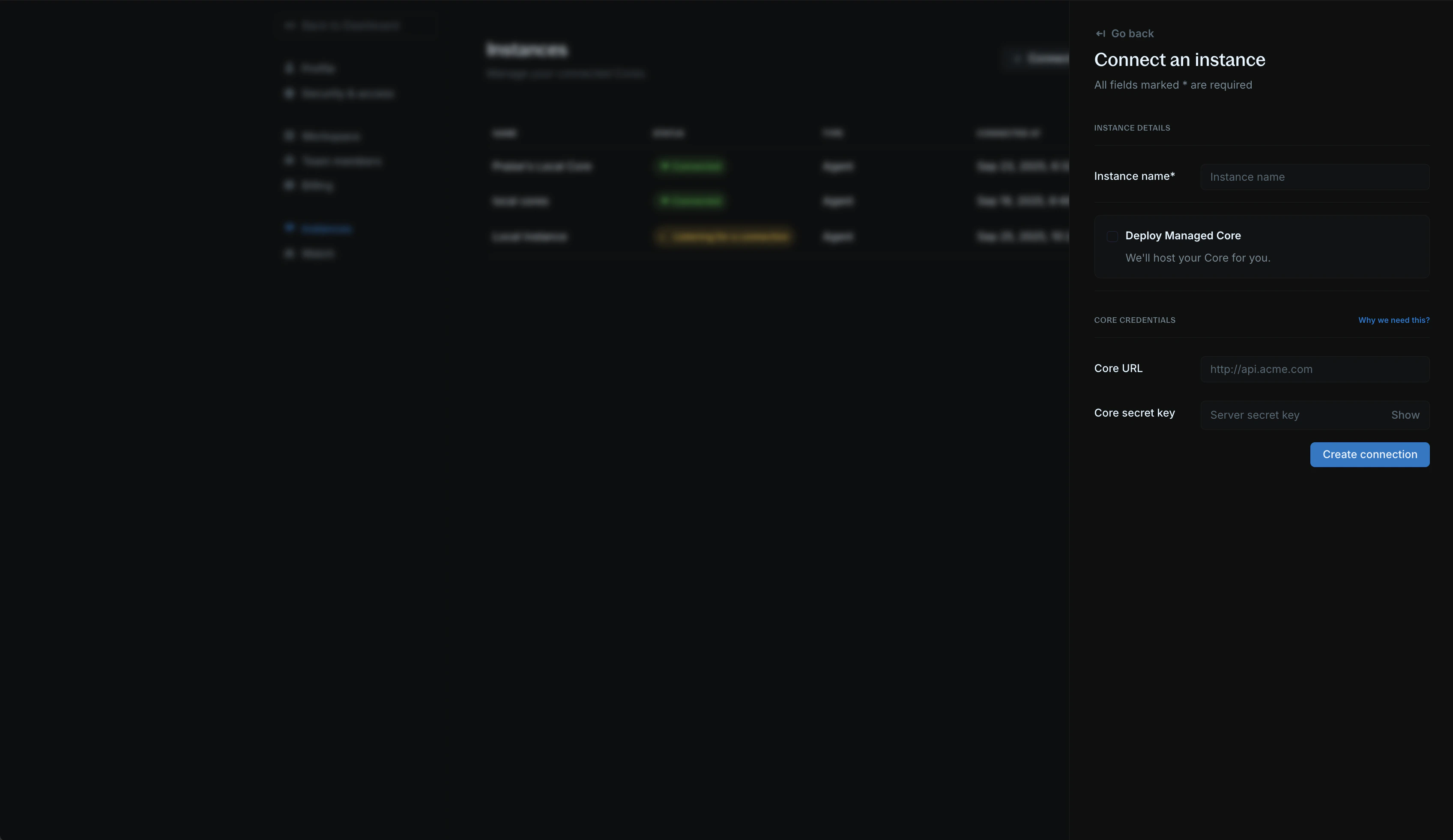 Instance creation form with instance name, Core URL, and secret key fields