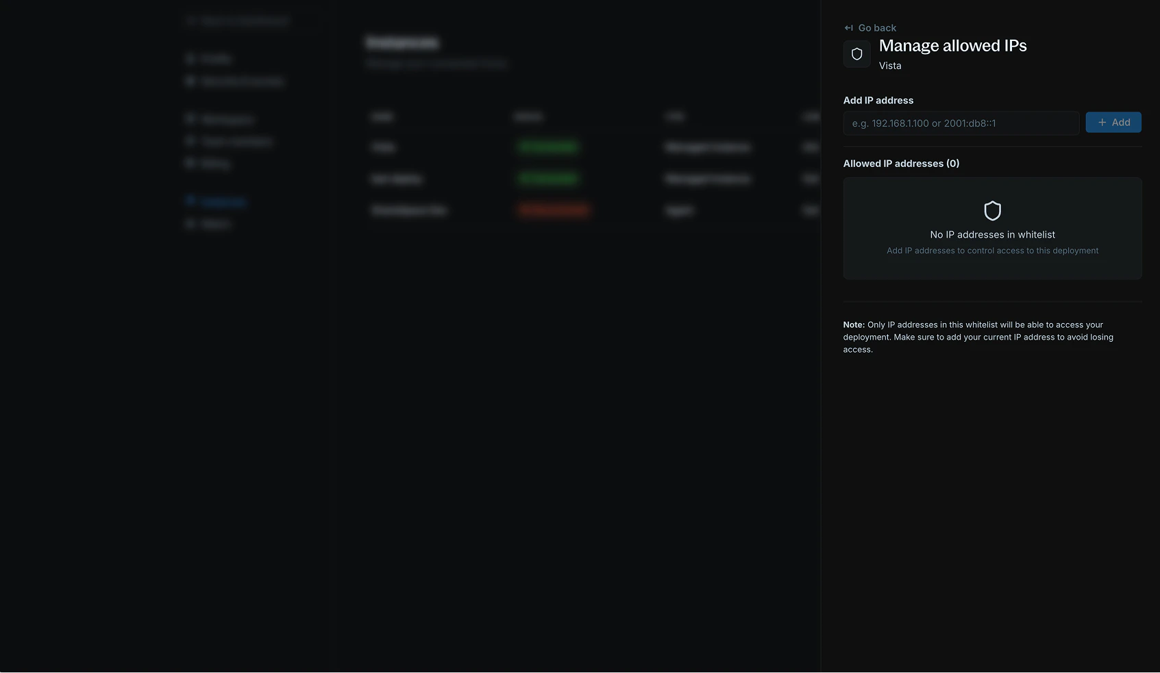 Empty IP whitelist state showing no addresses configured