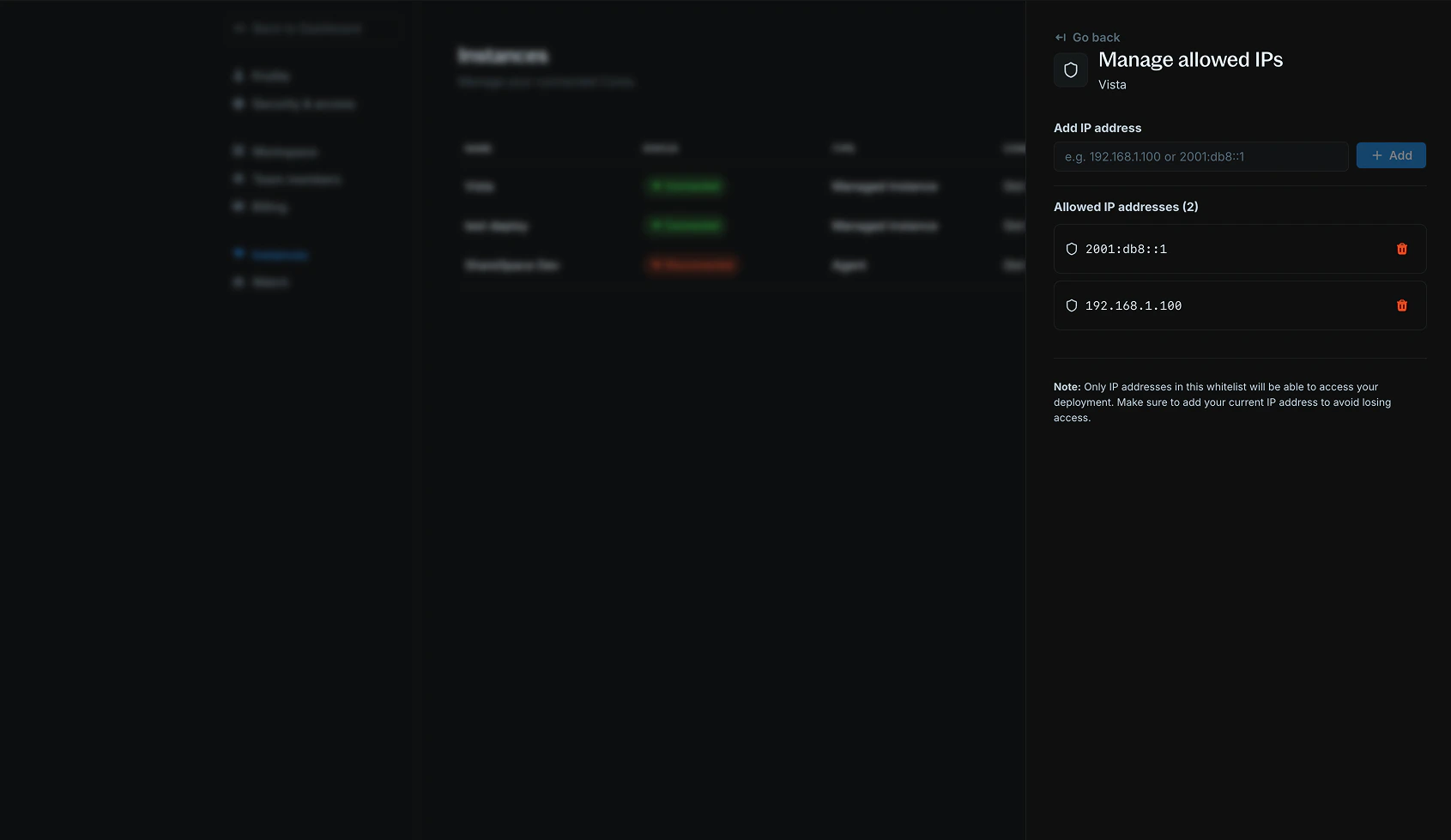 IP whitelist management interface showing allowed IP addresses