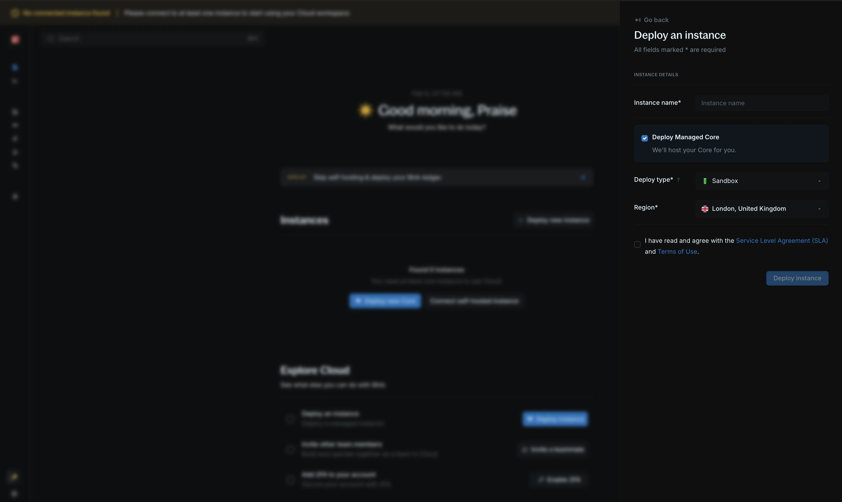 Instance creation form with Deploy managed Core option