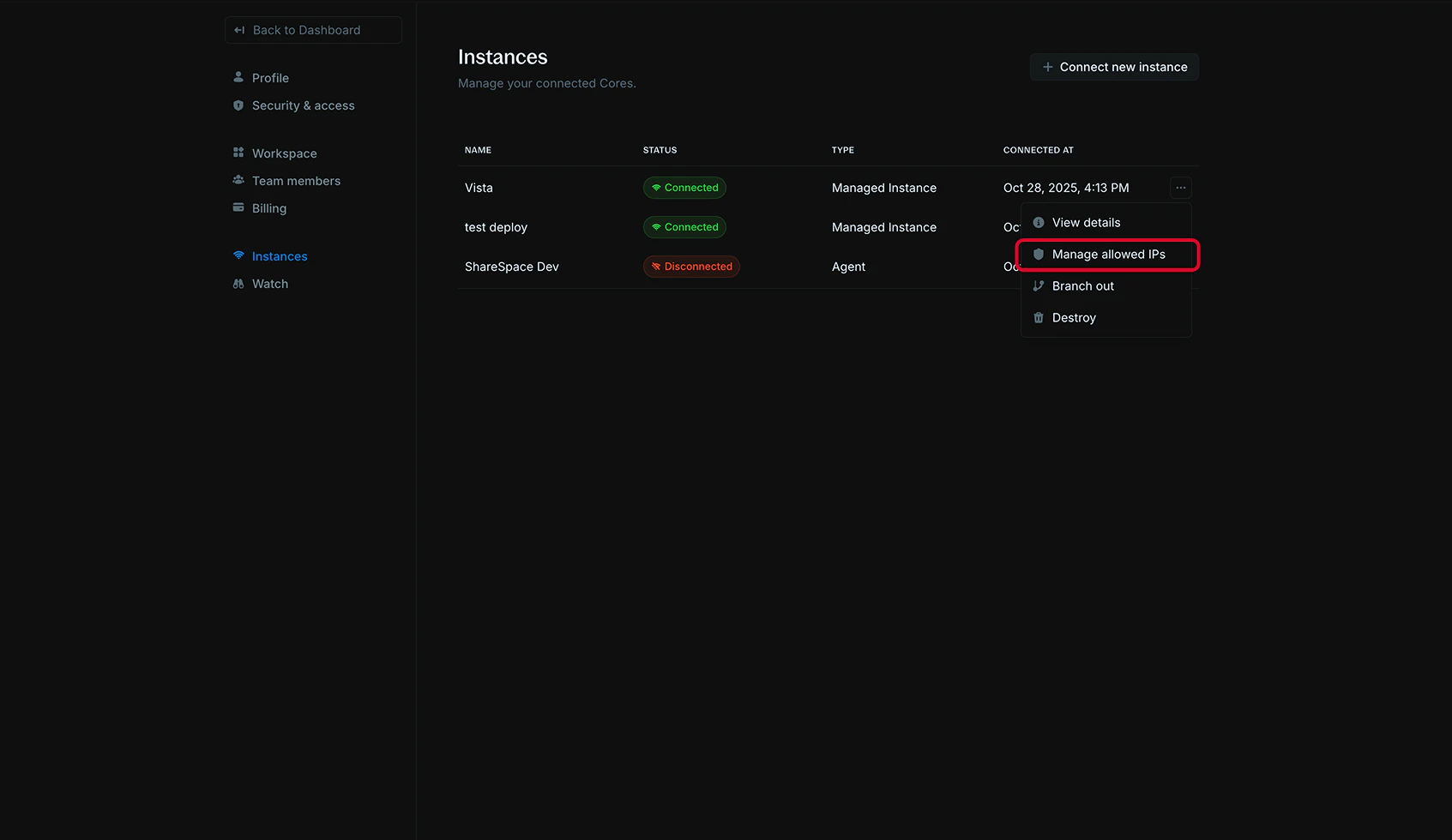 Instance actions menu showing Manage allowed IPs option