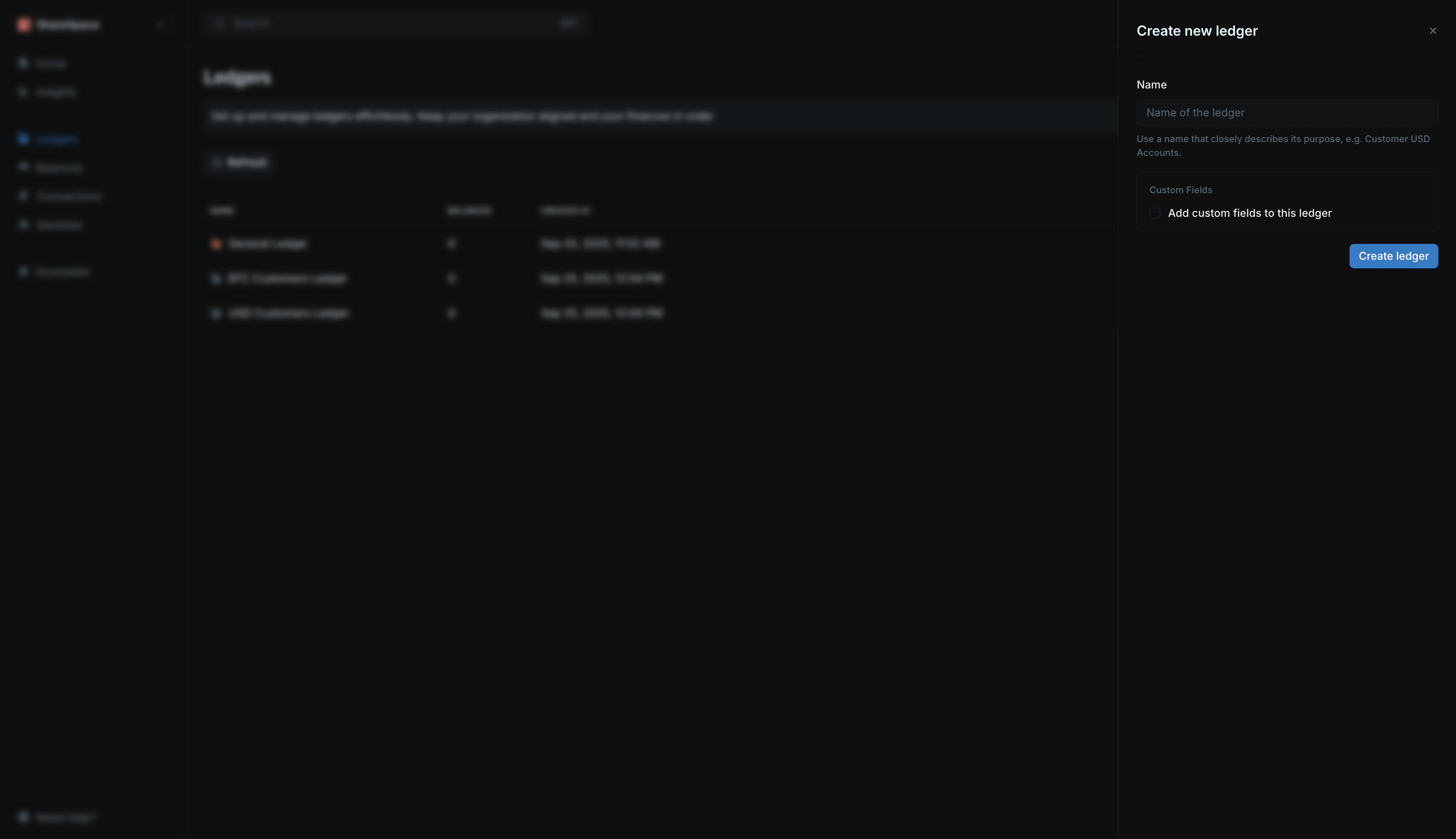Create ledger form with name and custom fields