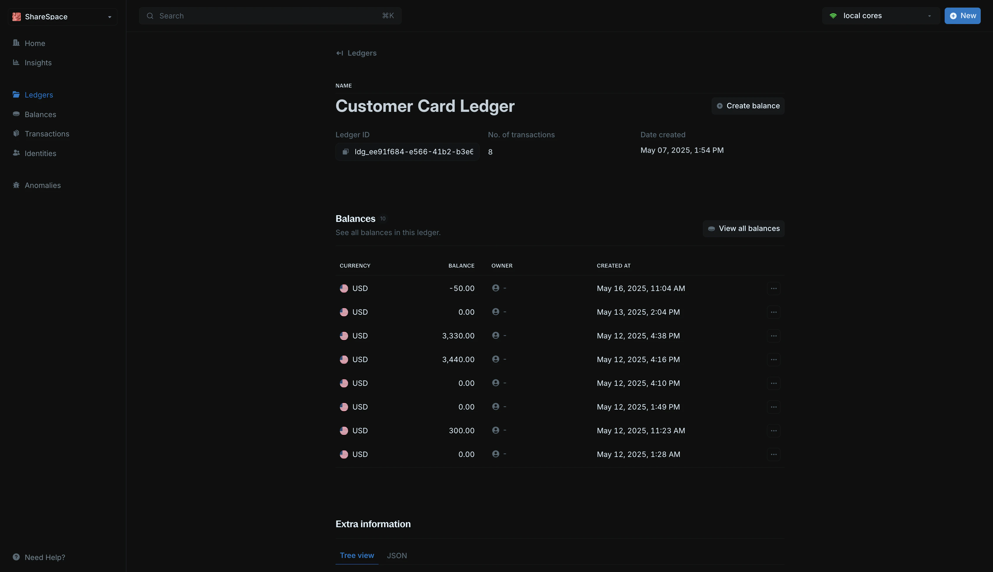 Ledger details page showing summary and balances section