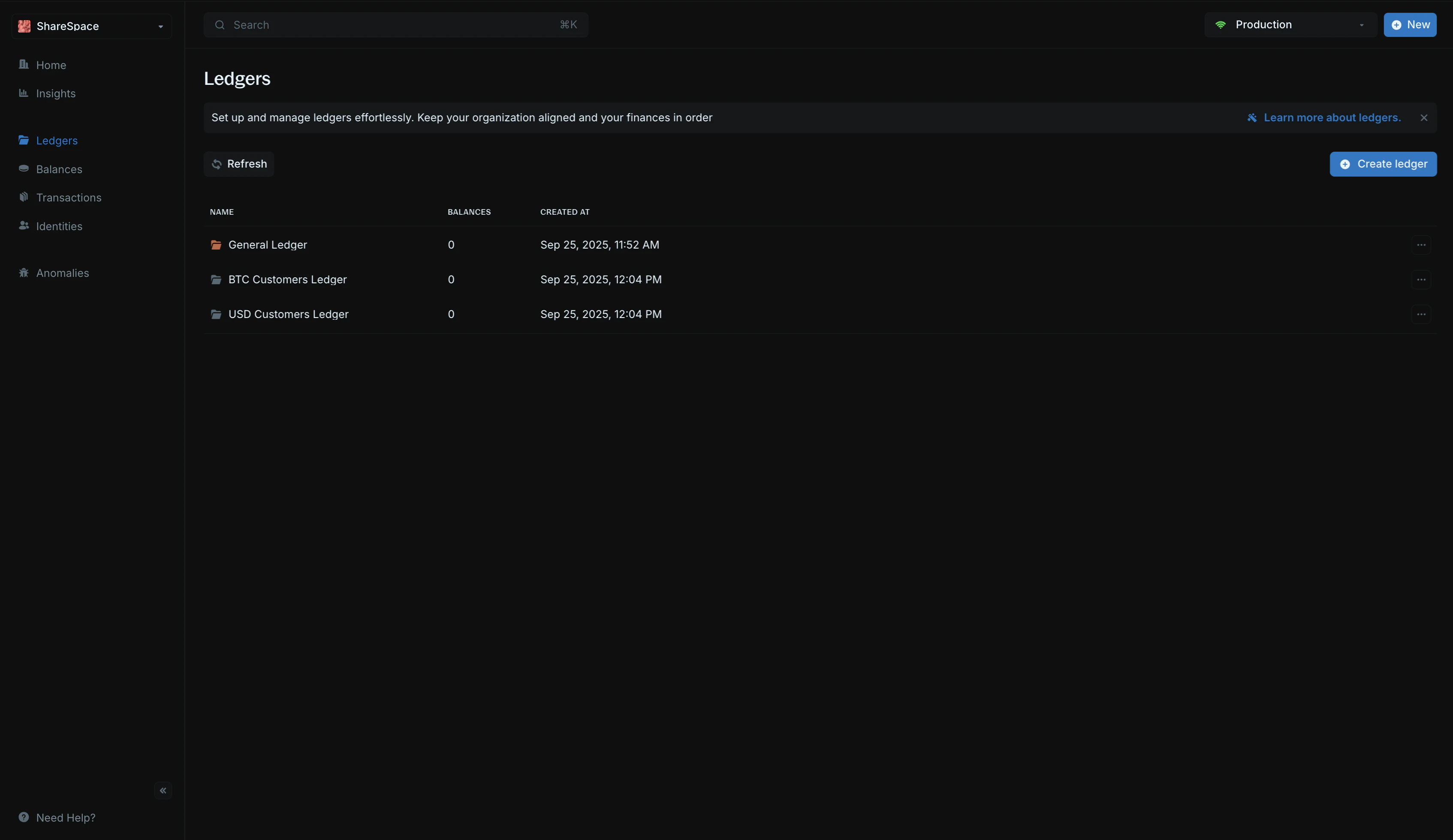 Ledgers table showing existing ledgers