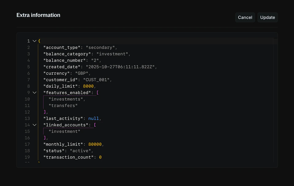 Metadata code editor interface for adding and editing custom data