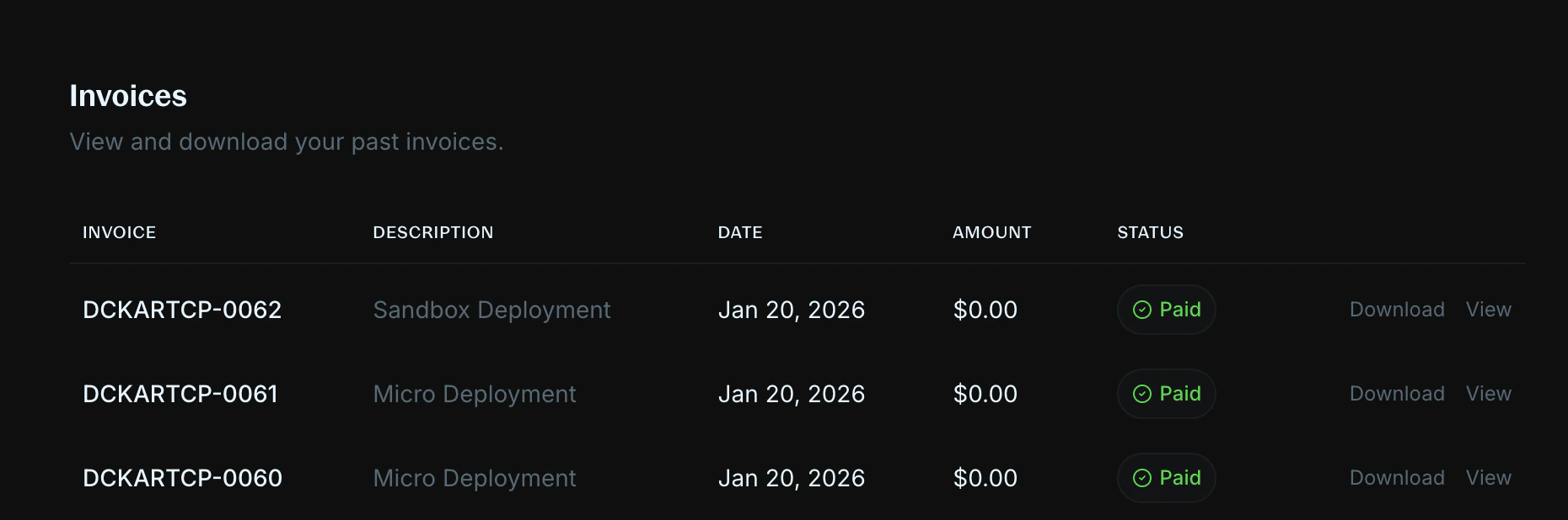 Billing page showing subscriptions and invoices tables